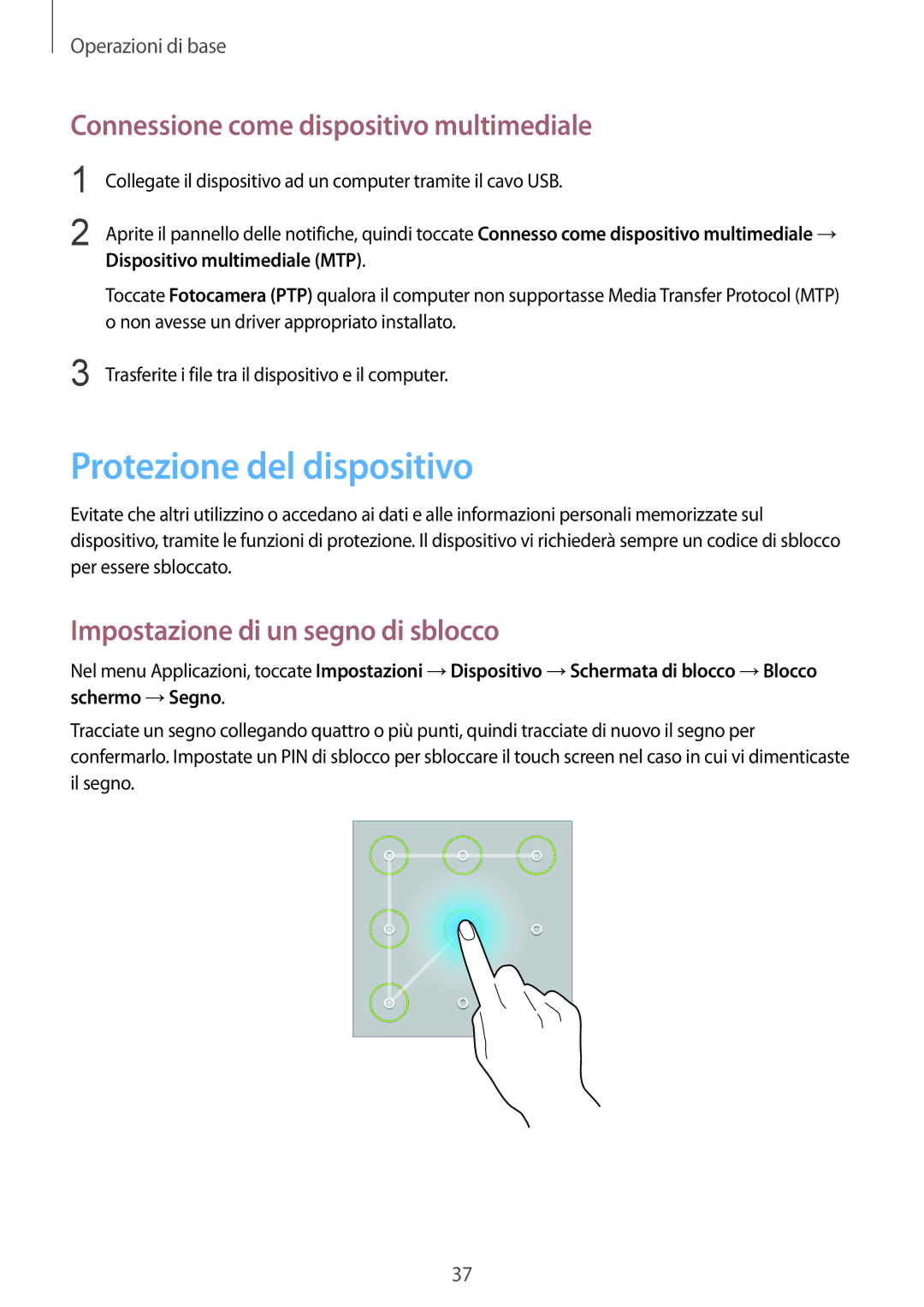 Samsung SM-T230NYKAXEO, SM-T230NZWAXEO manual Protezione del dispositivo, Connessione come dispositivo multimediale 