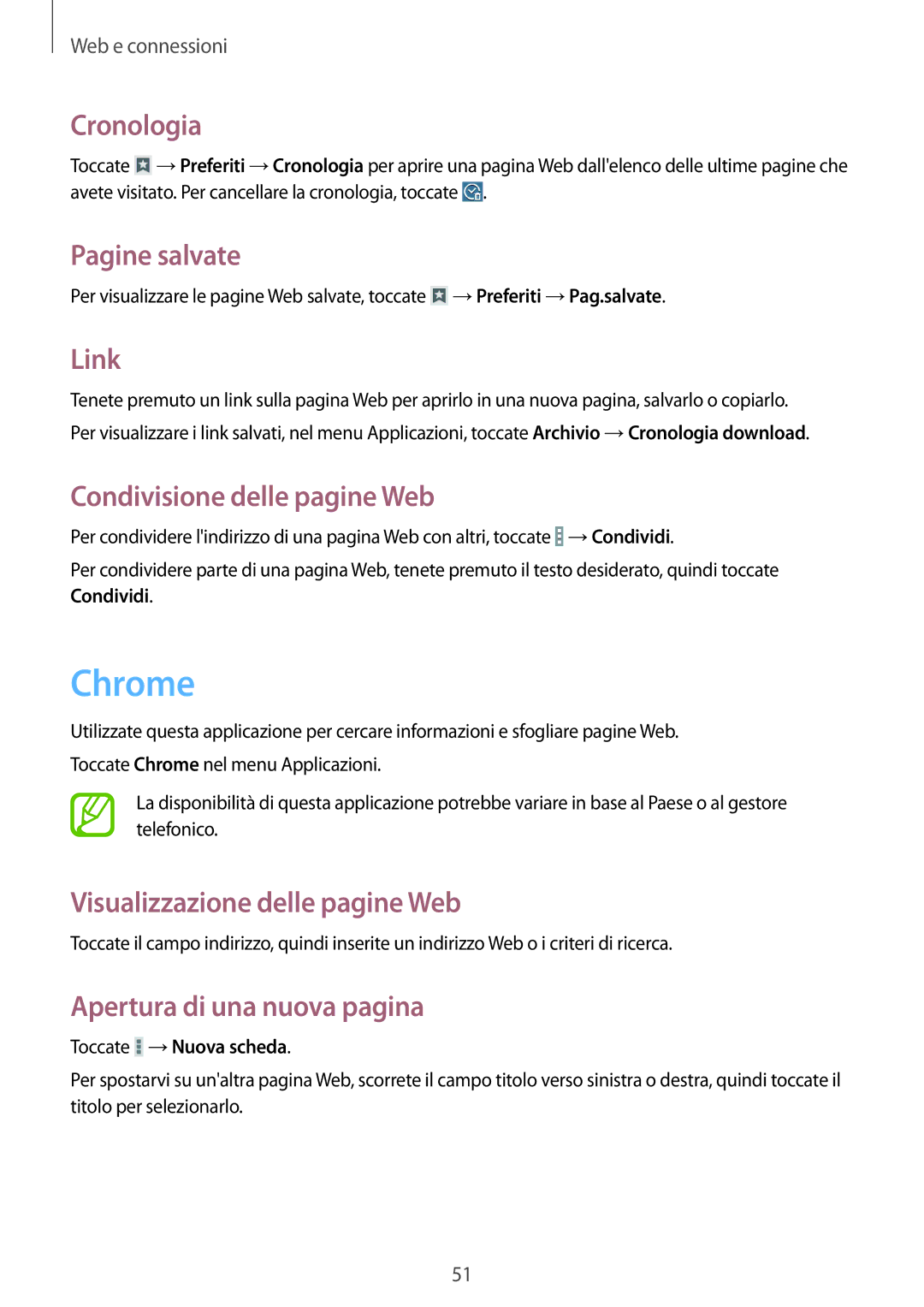 Samsung SM-T230NZWADBT, SM-T230NZWAXEO manual Chrome, Cronologia, Pagine salvate, Link, Condivisione delle pagine Web 
