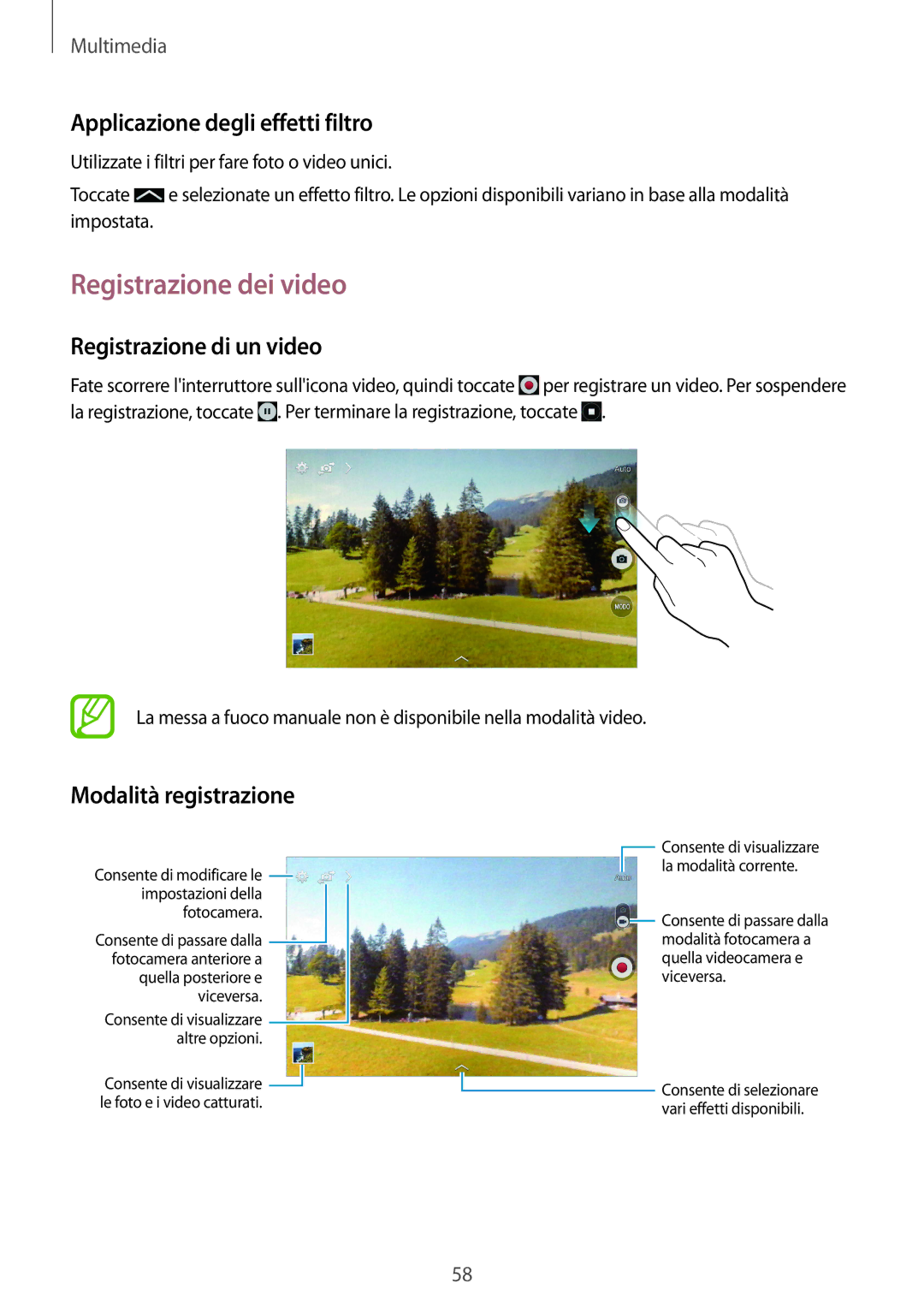 Samsung SM-T230NYKATUR manual Registrazione dei video, Applicazione degli effetti filtro, Registrazione di un video 