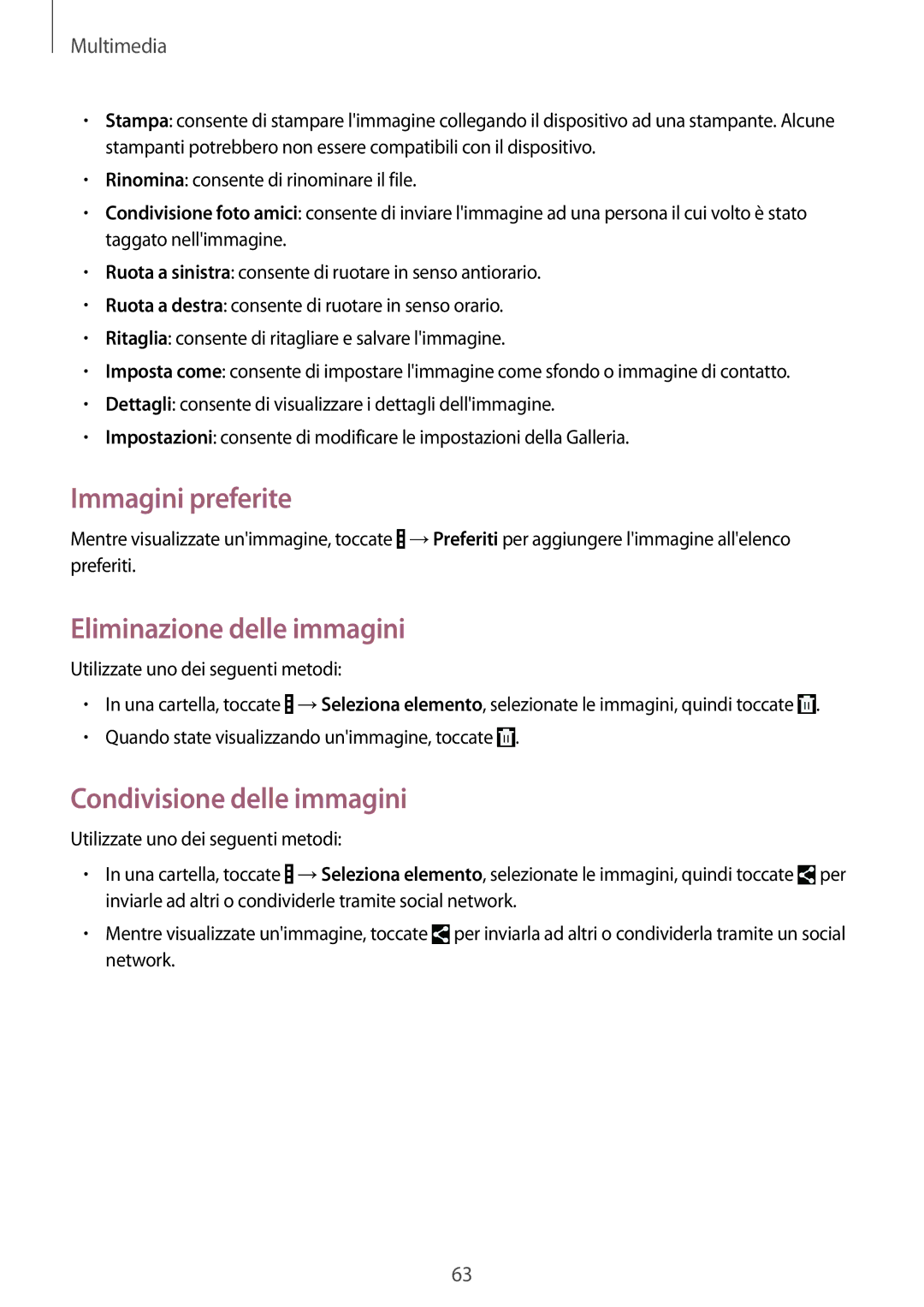 Samsung SM-T230NZWAITV, SM-T230NZWAXEO manual Immagini preferite, Eliminazione delle immagini, Condivisione delle immagini 