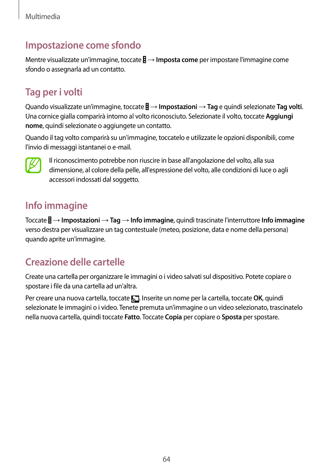 Samsung SM-T230NZWAXEO, SM-T230NZWATUR, SM-T230NYKATUR manual Impostazione come sfondo, Tag per i volti, Info immagine 