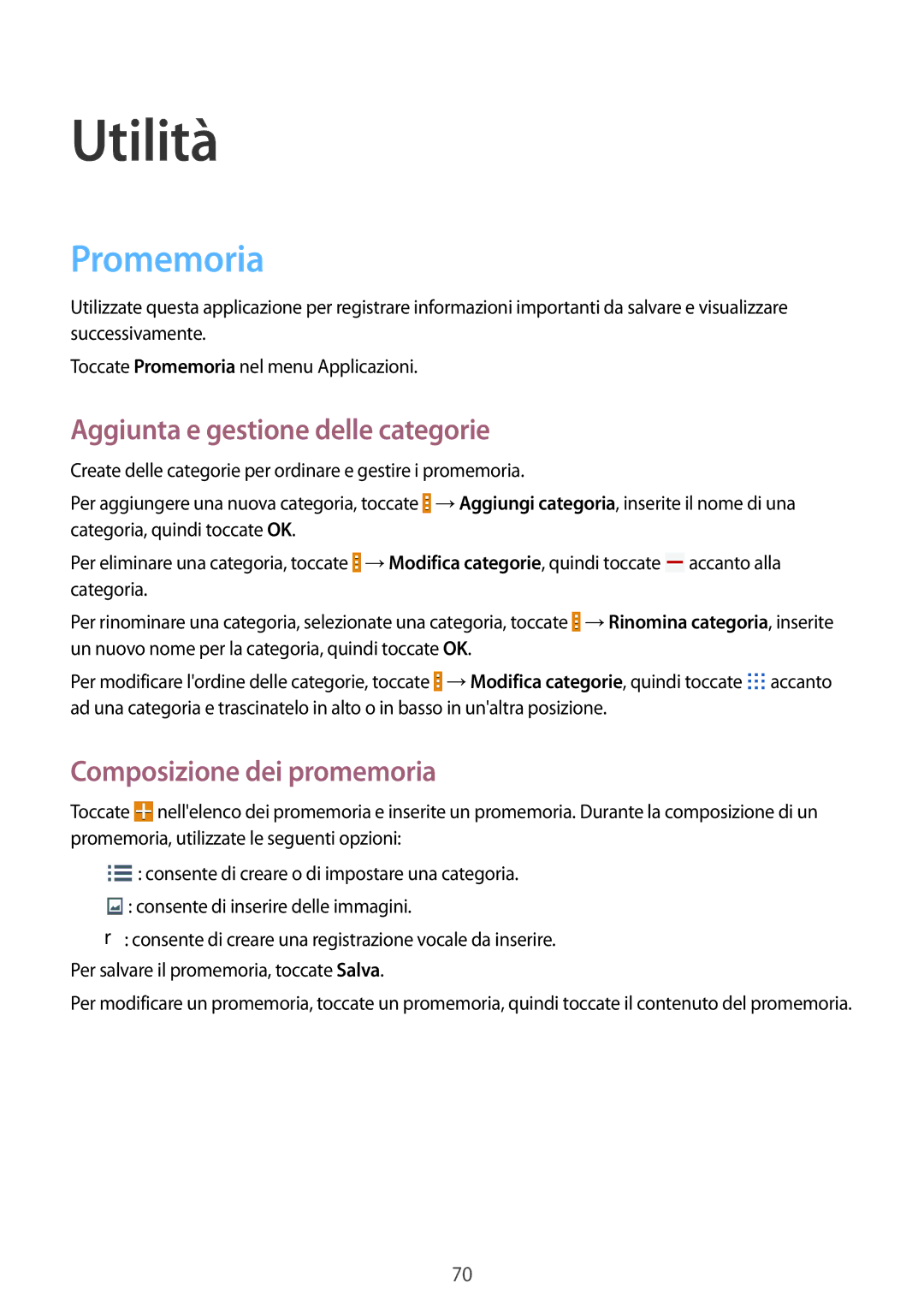 Samsung SM-T230NZWAPHN manual Utilità, Promemoria, Aggiunta e gestione delle categorie, Composizione dei promemoria 