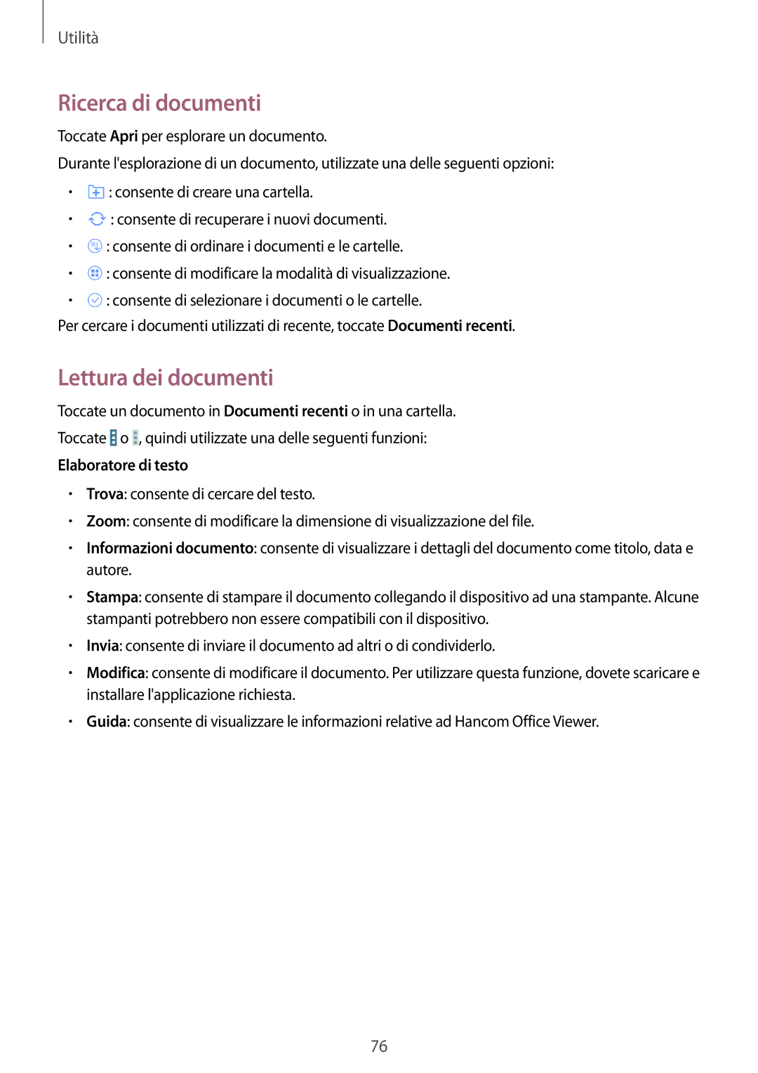 Samsung SM-T230NYKADBT, SM-T230NZWAXEO, SM-T230NZWATUR, SM-T230NYKATUR manual Ricerca di documenti, Lettura dei documenti 