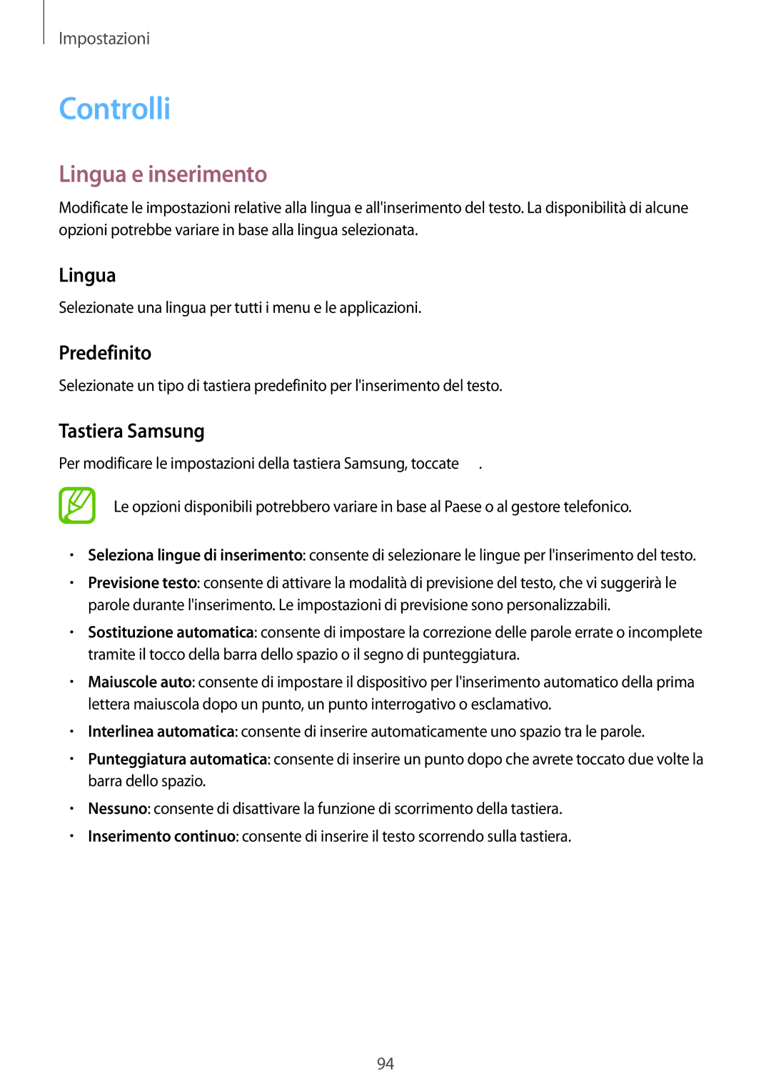 Samsung SM-T230NZWAPHN, SM-T230NZWAXEO, SM-T230NZWATUR manual Controlli, Lingua e inserimento, Predefinito, Tastiera Samsung 