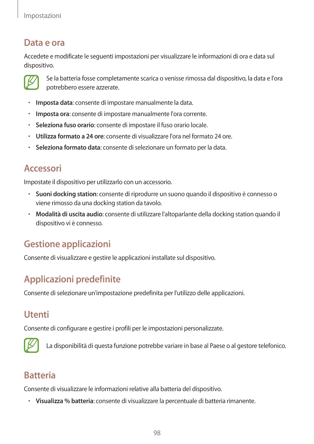 Samsung SM-T230NYKATUR manual Data e ora, Accessori, Gestione applicazioni, Applicazioni predefinite, Utenti, Batteria 