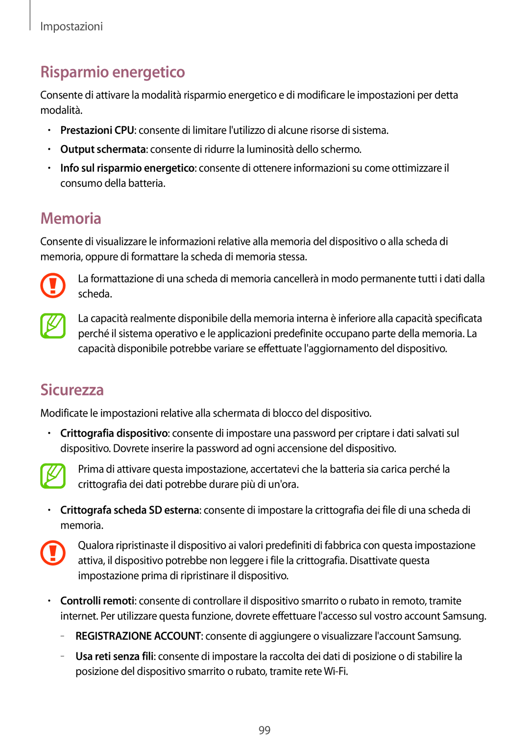 Samsung SM-T230NZWADBT, SM-T230NZWAXEO, SM-T230NZWATUR, SM-T230NYKATUR manual Risparmio energetico, Memoria, Sicurezza 