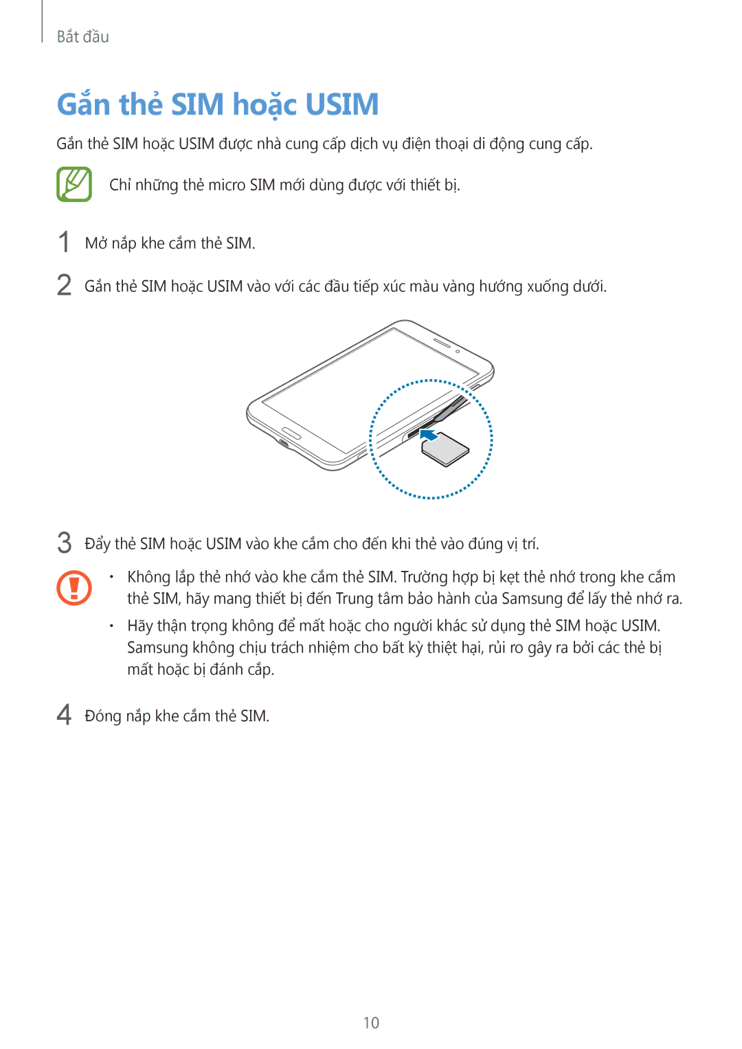 Samsung SM-T231NYKAXXV manual Gắn thẻ SIM hoặc Usim 