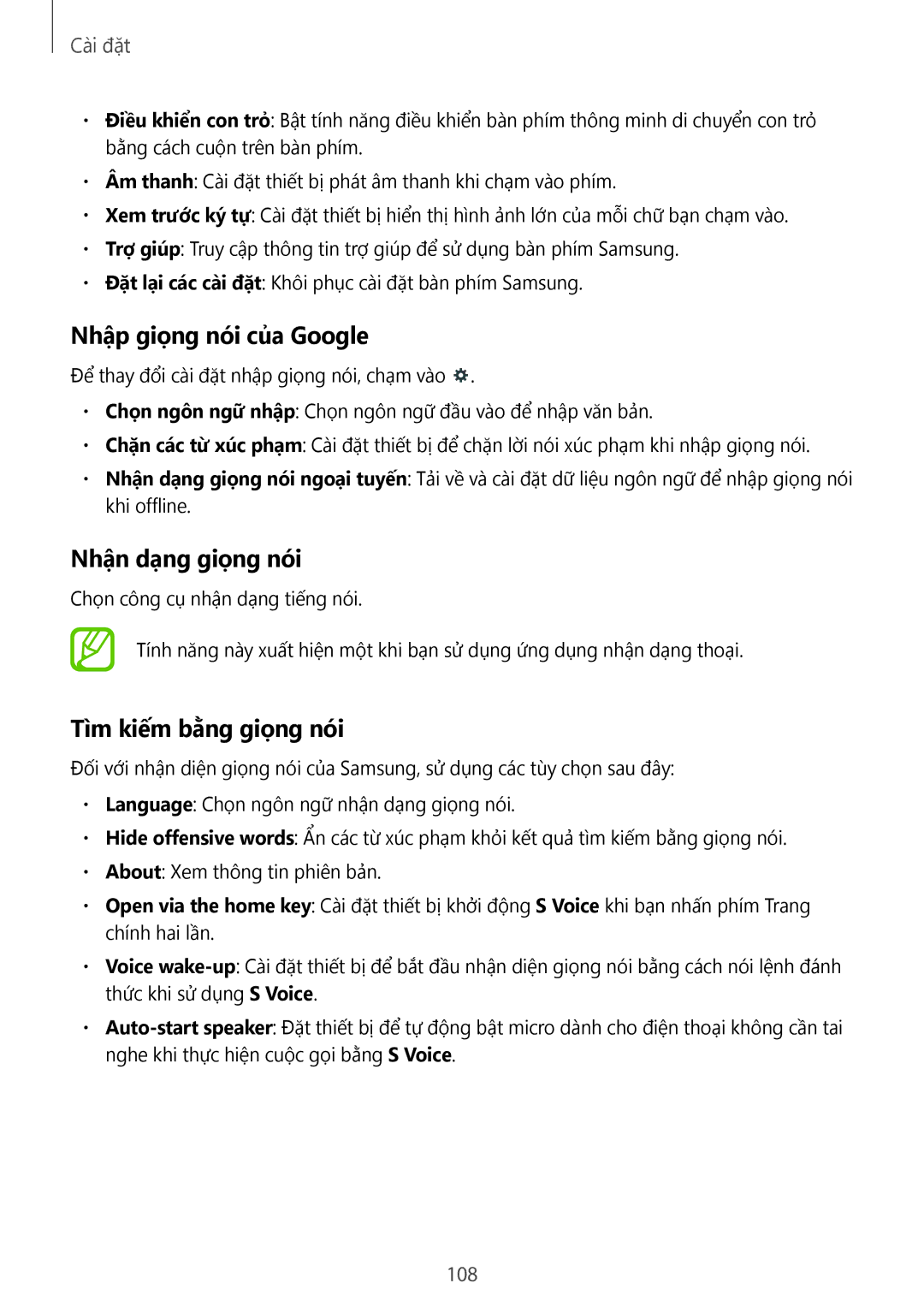Samsung SM-T231NYKAXXV manual Nhập giọng nói củ̉a Google, Nhận dạng giọng nói, Tìm kiếm bằng giọng nói 