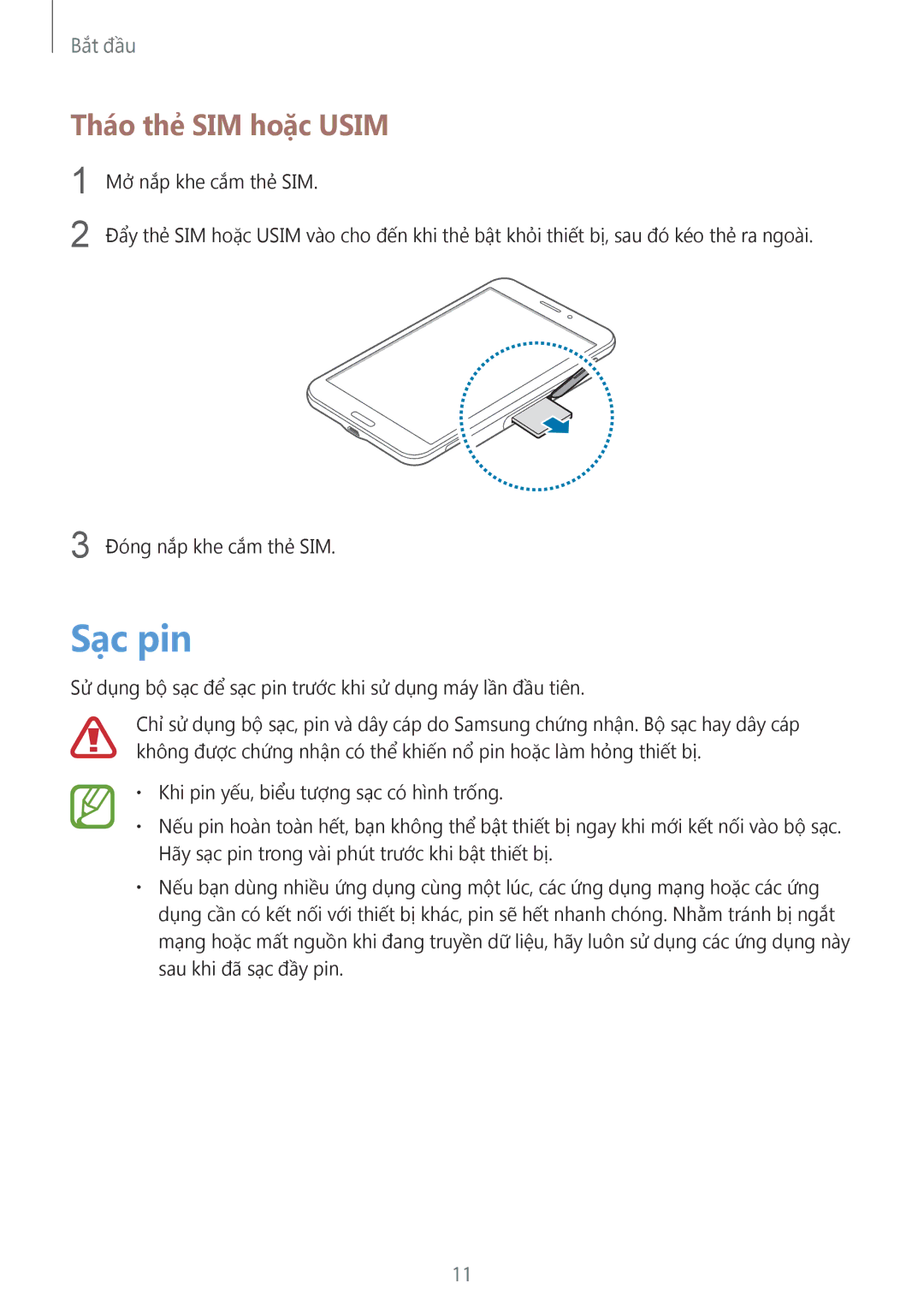 Samsung SM-T231NYKAXXV manual Sạc pin, Tháo thẻ SIM hoặc Usim 