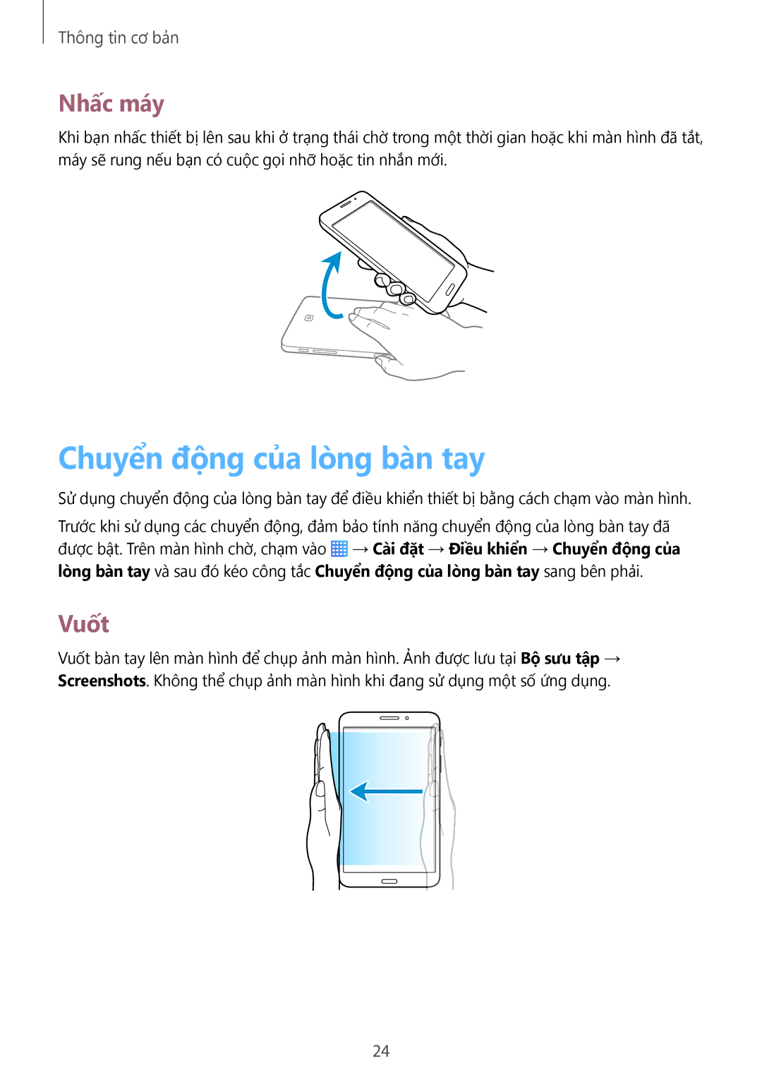 Samsung SM-T231NYKAXXV manual Chuyên đông của lòng ban tay, Nhấc máy, Vuốt 