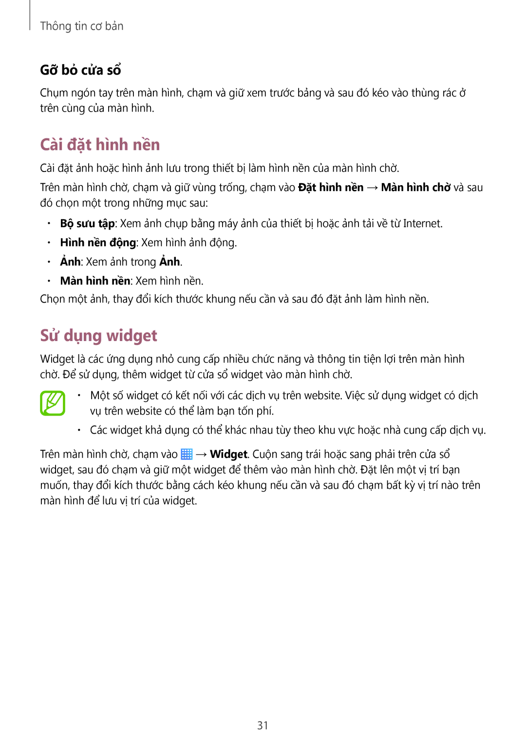 Samsung SM-T231NYKAXXV manual Cài đặt hình nền, Sử dụng widget, Gỡ bỏ cửa sổ 