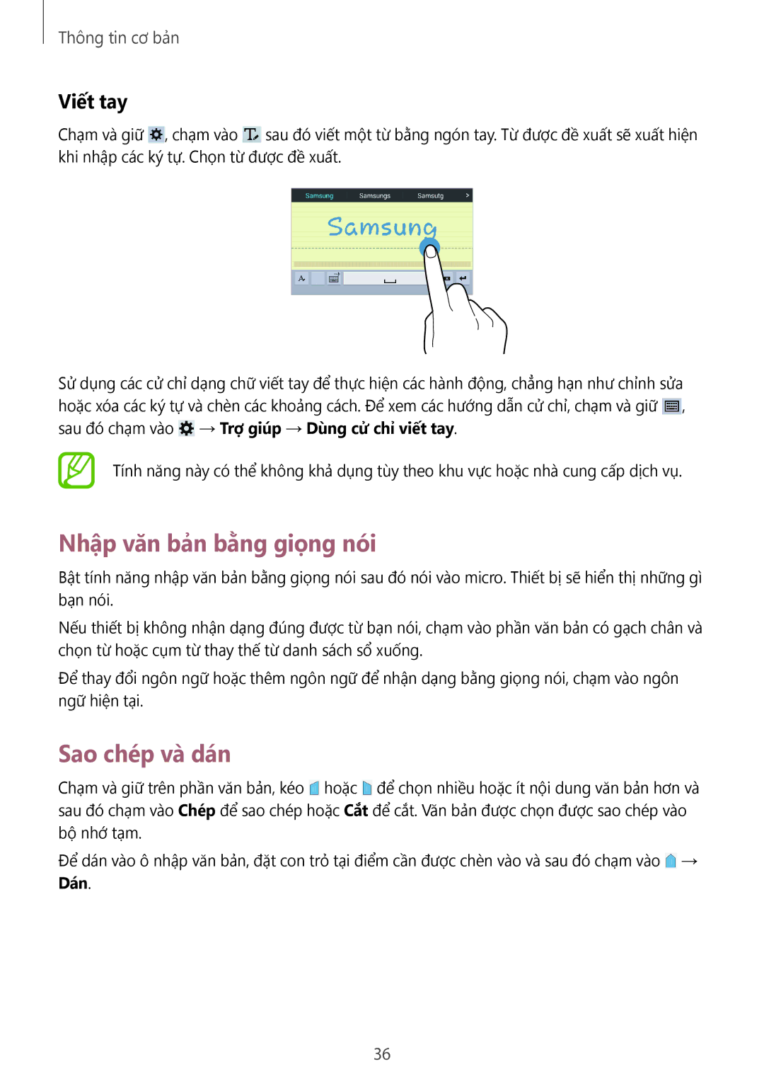Samsung SM-T231NYKAXXV manual Nhập văn bản bằng giọng nói, Sao chép và dán, Viết tay 