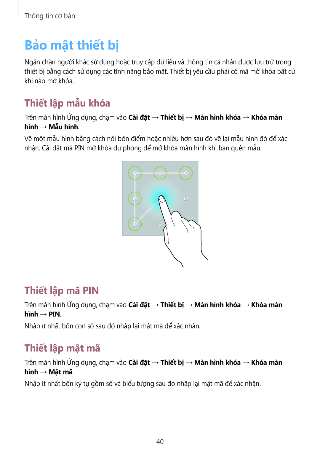 Samsung SM-T231NYKAXXV manual Bảo mật thiết bị, Thiết lập mẫu khóa, Thiết lập mã PIN, Thiết lập mật mã 