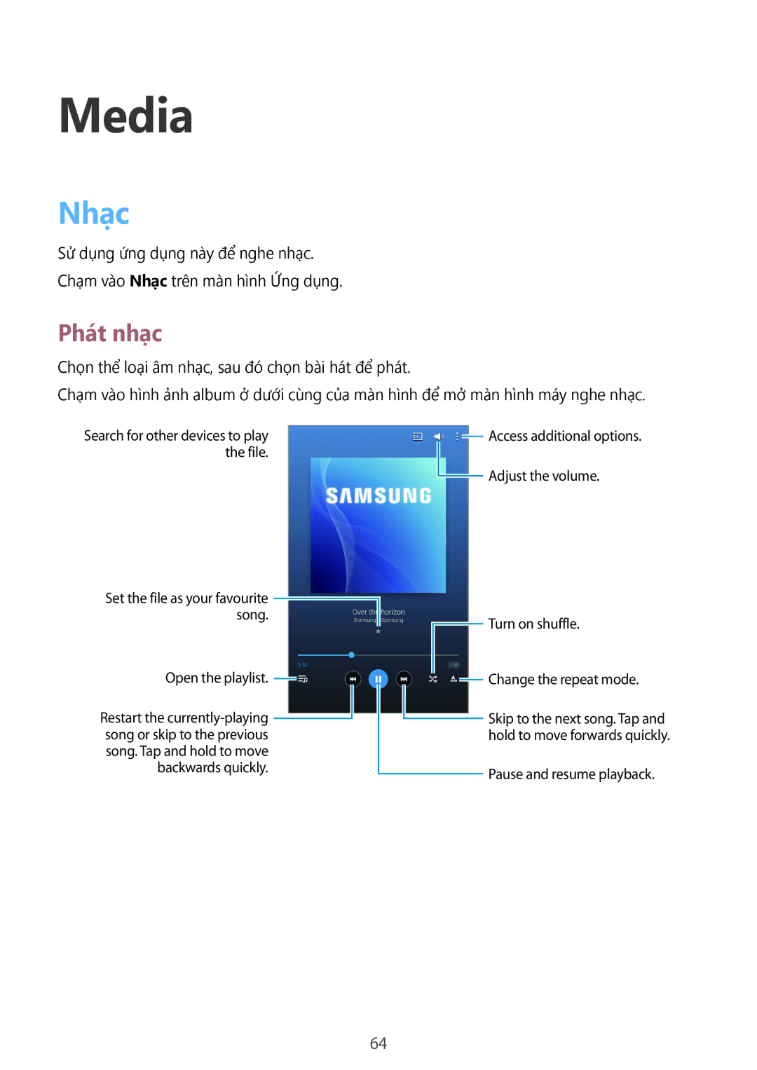 Samsung SM-T231NYKAXXV manual Media, Nhạc, Phát nhạc 