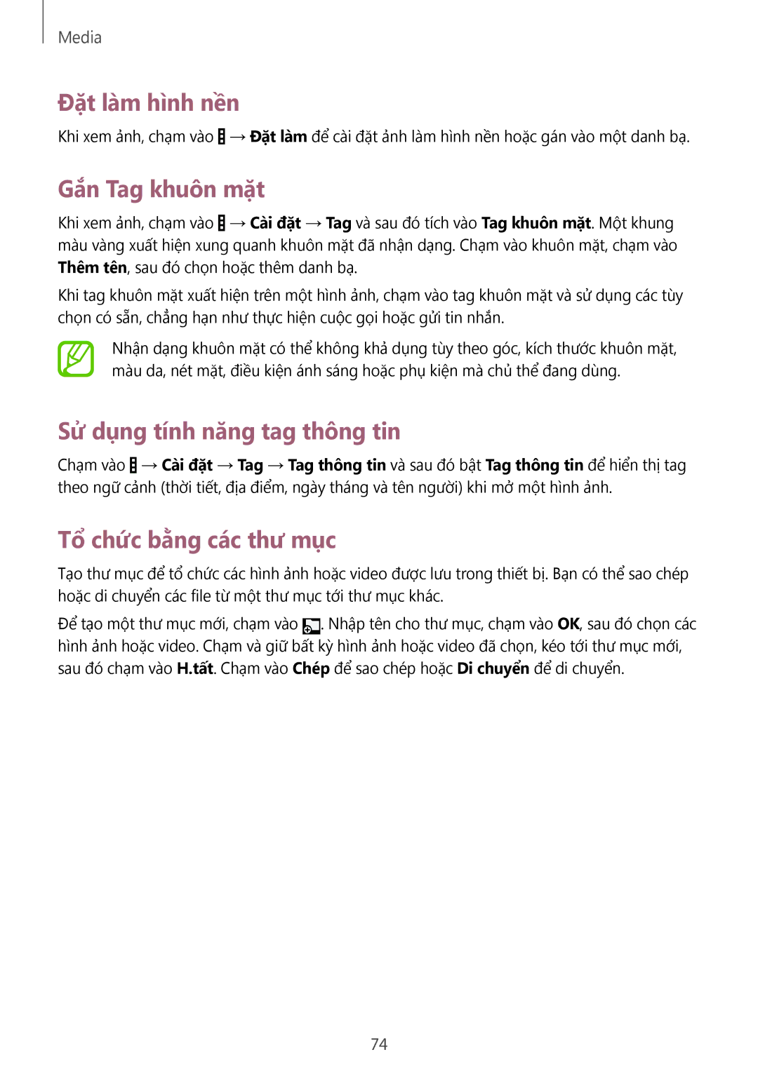 Samsung SM-T231NYKAXXV manual Đặt làm hình nền, Gắn Tag khuôn mặt, Sử dụng tính năng tag thông tin 