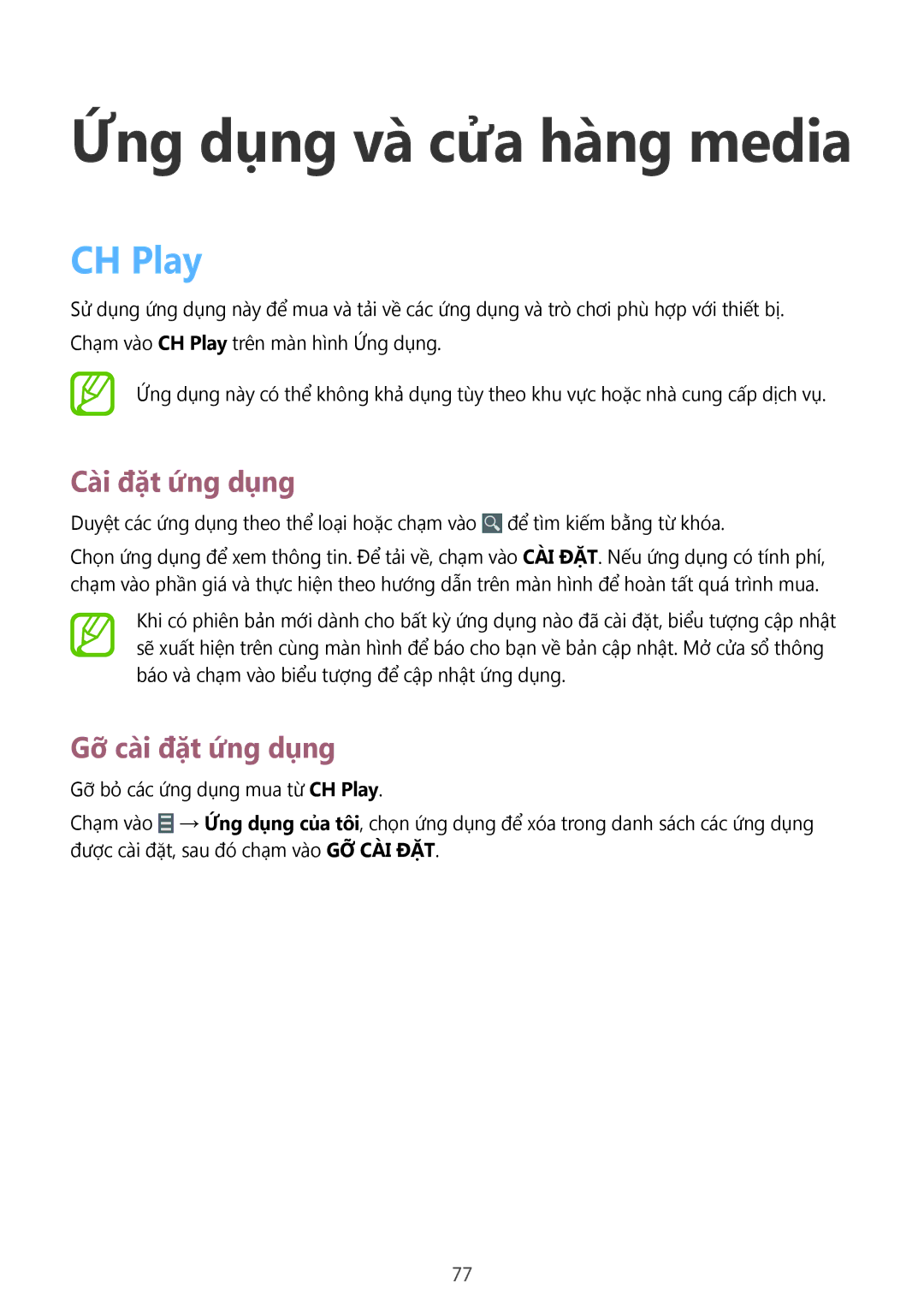 Samsung SM-T231NYKAXXV manual Ứng dụng và cửa hàng media, CH Play 