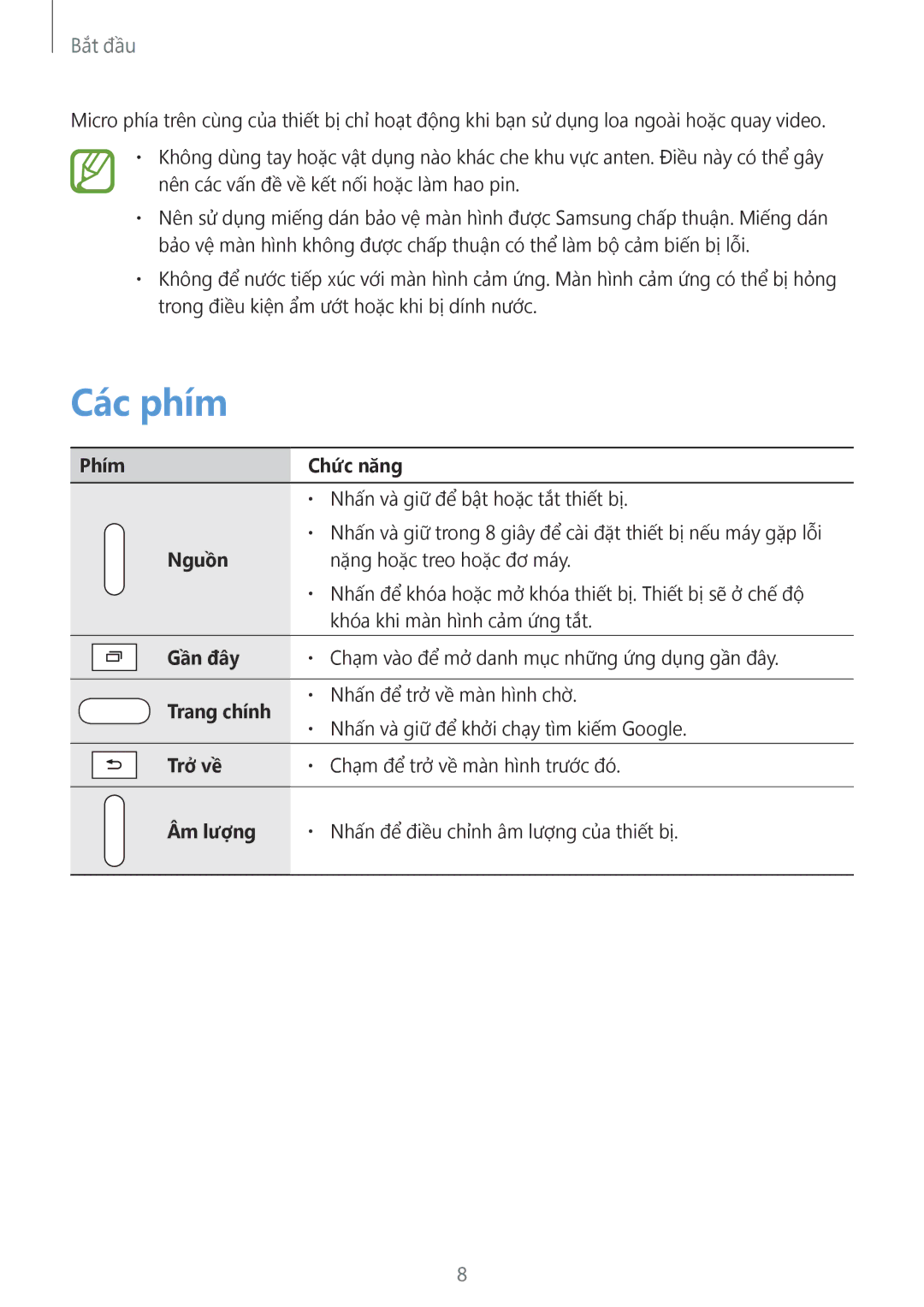 Samsung SM-T231NYKAXXV manual Các phím 