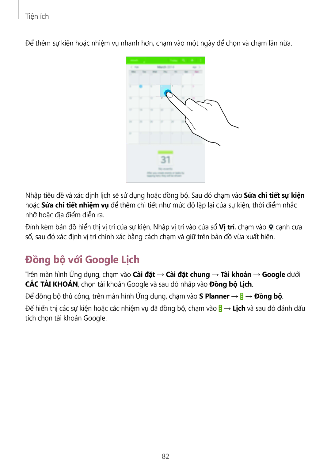 Samsung SM-T231NYKAXXV manual Đồng bộ với Google Lịch 