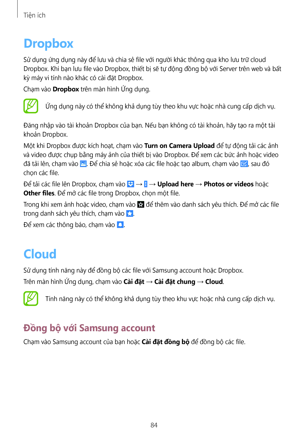 Samsung SM-T231NYKAXXV manual Dropbox, Cloud, Đồng bộ với Samsung account 