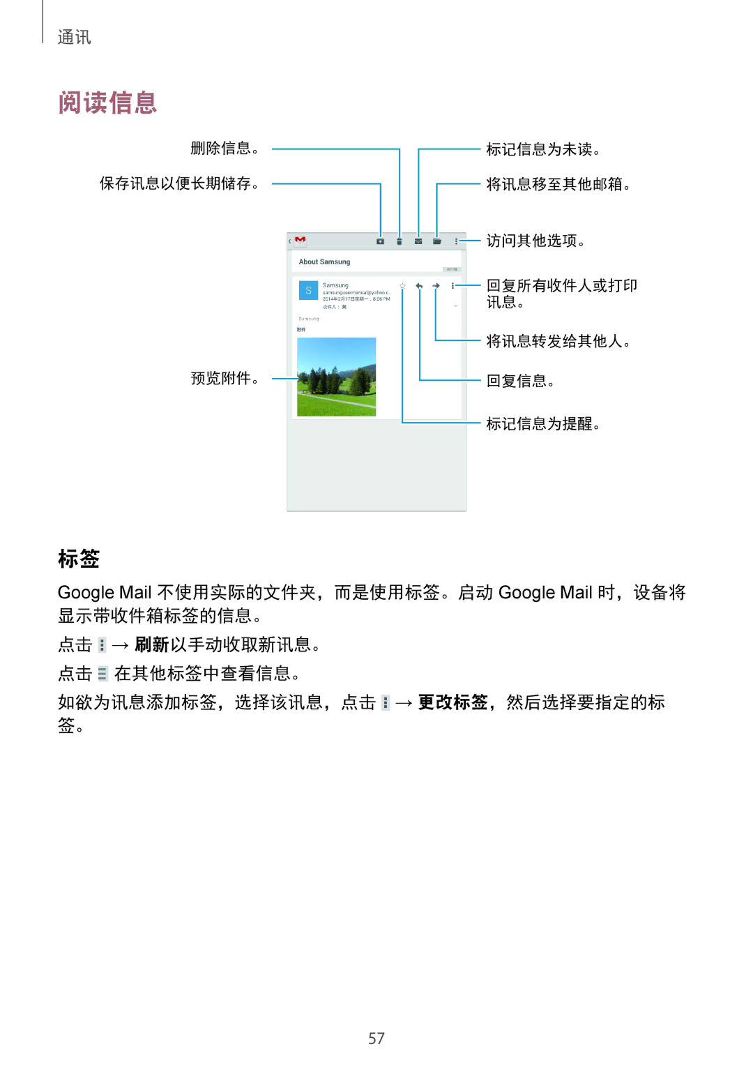 Samsung SM-T231NYKAXXV manual 如欲为讯息添加标签，选择该讯息，点击 → 更改标签，然后选择要指定的标 签。 