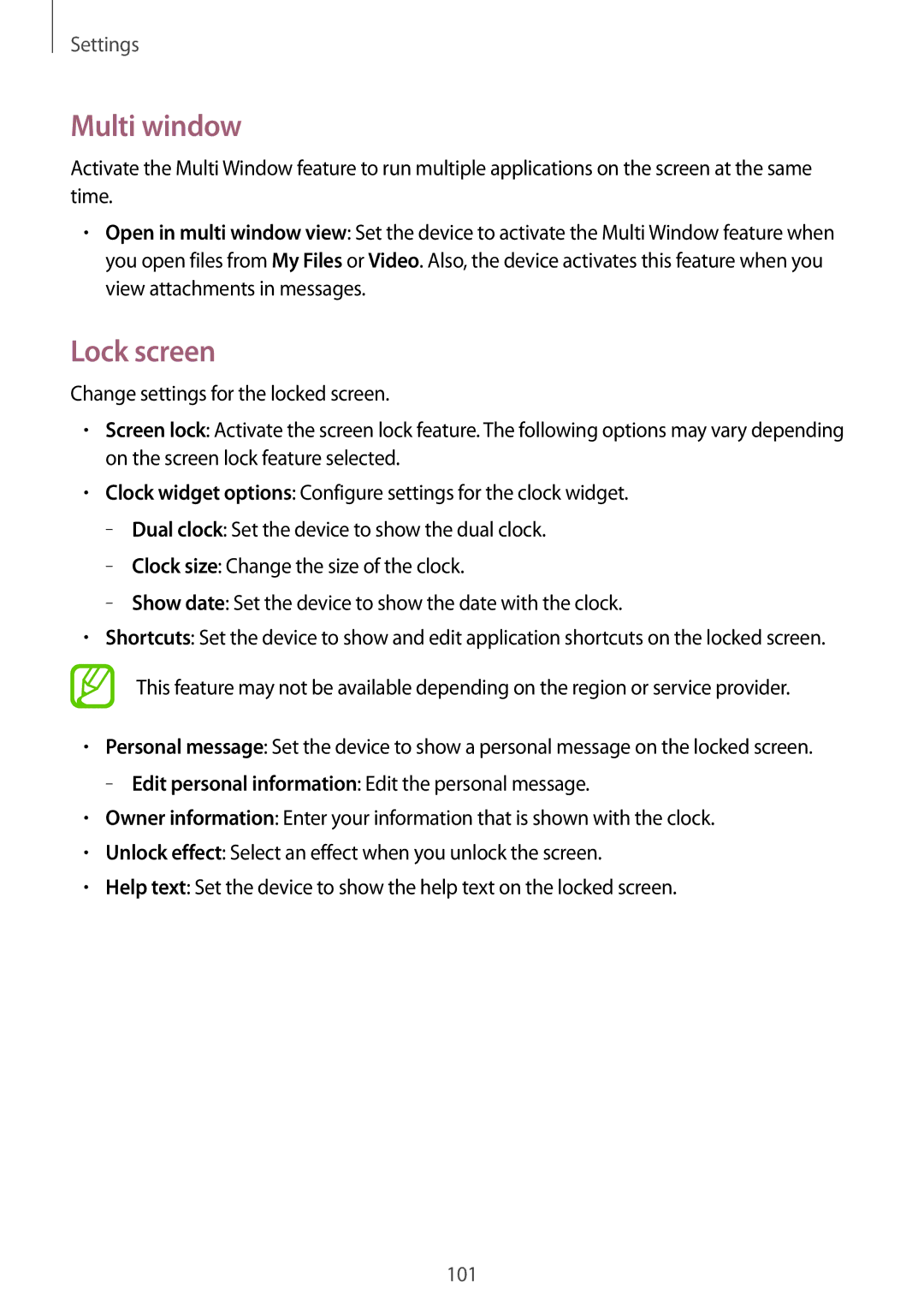 Samsung SM-T231NYKAXXV, SM-T231NZWAKSA manual Multi window, Lock screen 