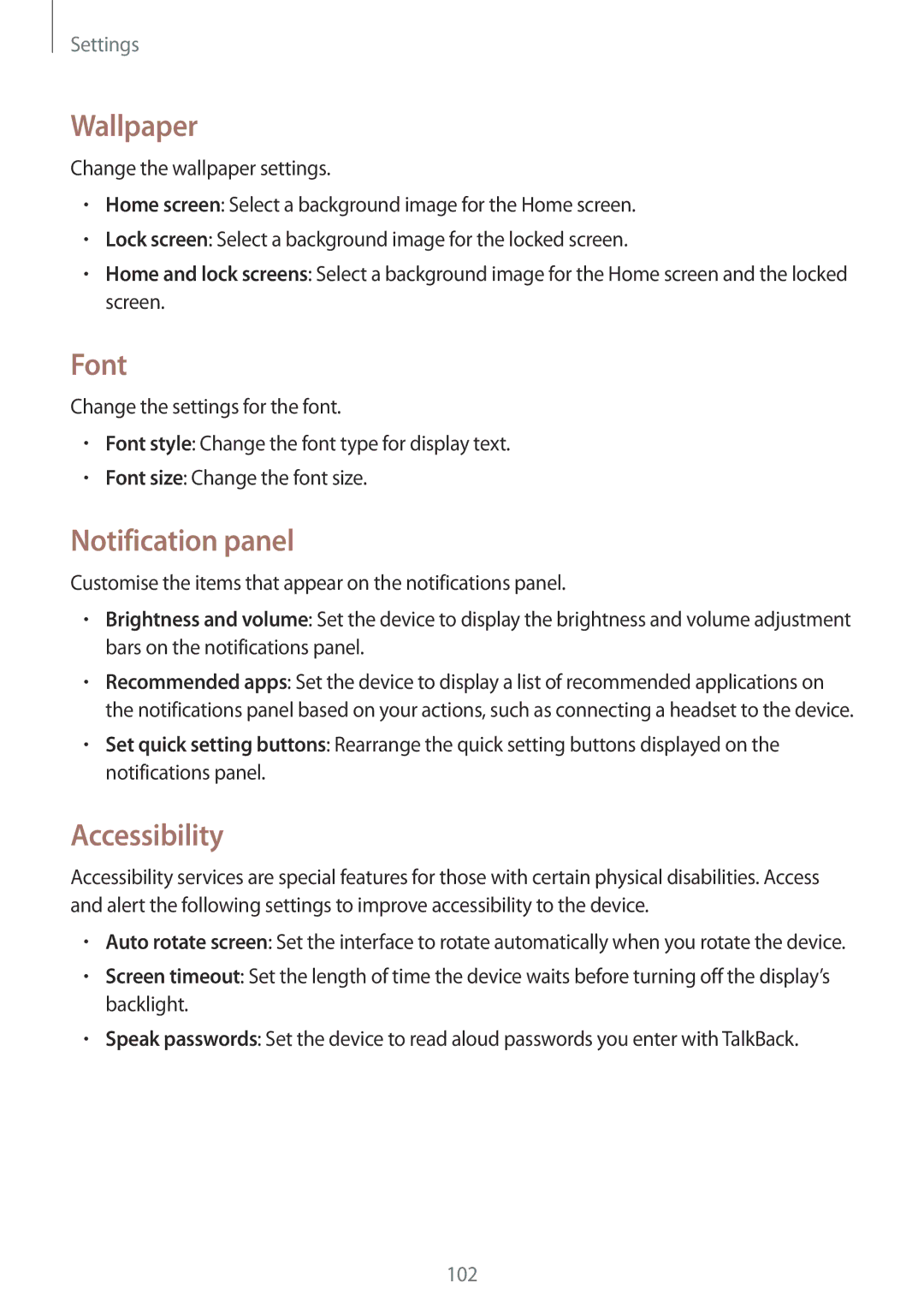 Samsung SM-T231NZWAKSA, SM-T231NYKAXXV manual Wallpaper, Font, Notification panel, Accessibility 