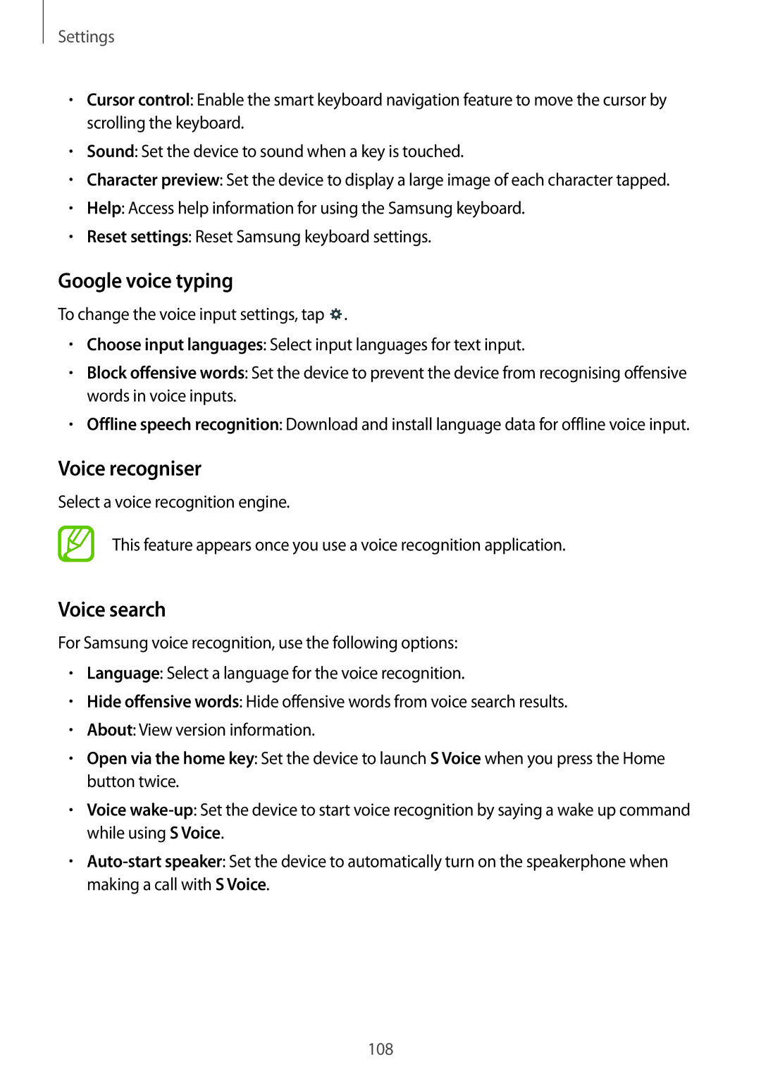 Samsung SM-T231NZWAKSA, SM-T231NYKAXXV manual Google voice typing, Voice recogniser, Voice search 