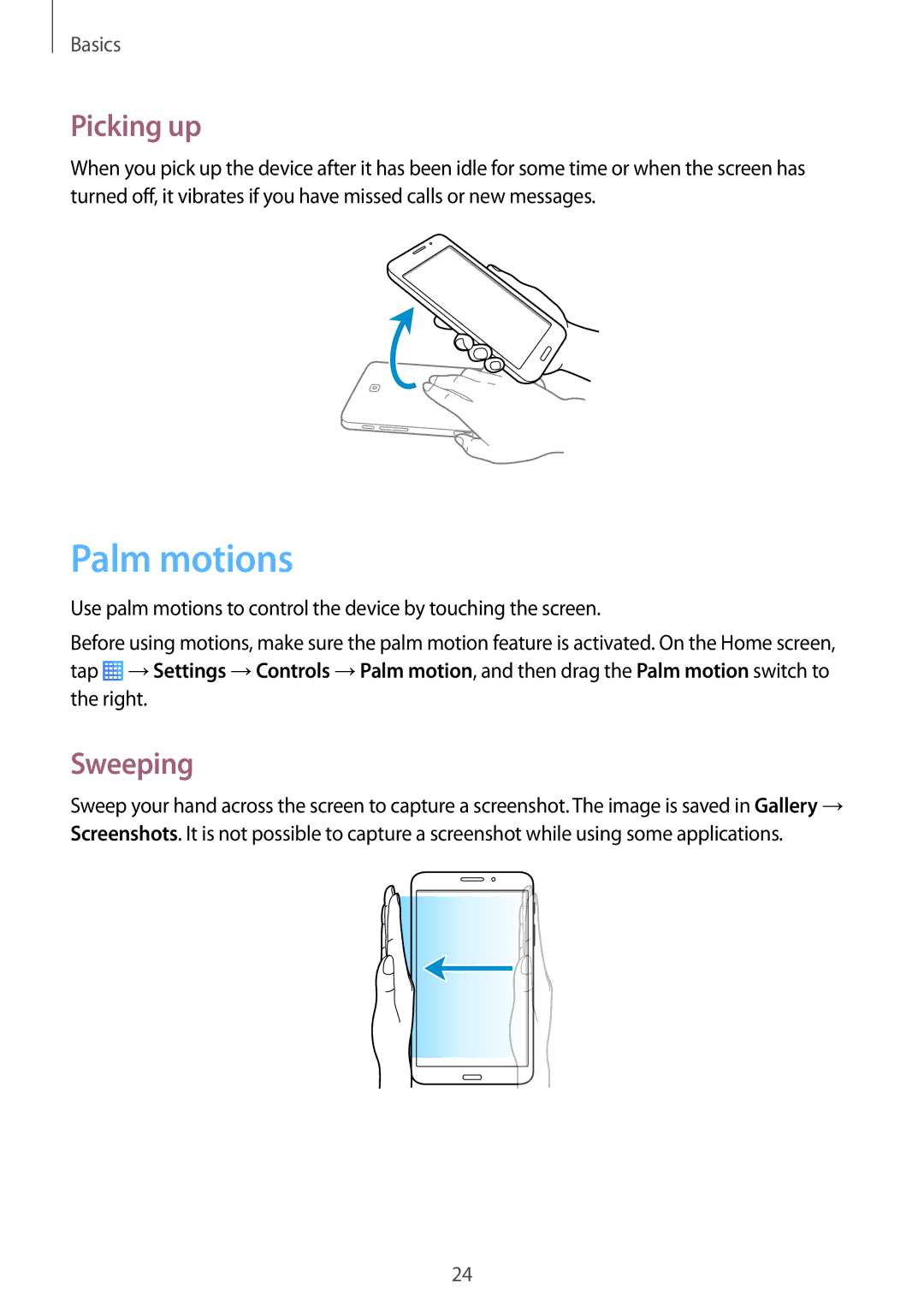 Samsung SM-T231NZWAKSA, SM-T231NYKAXXV manual Palm motions, Picking up, Sweeping 