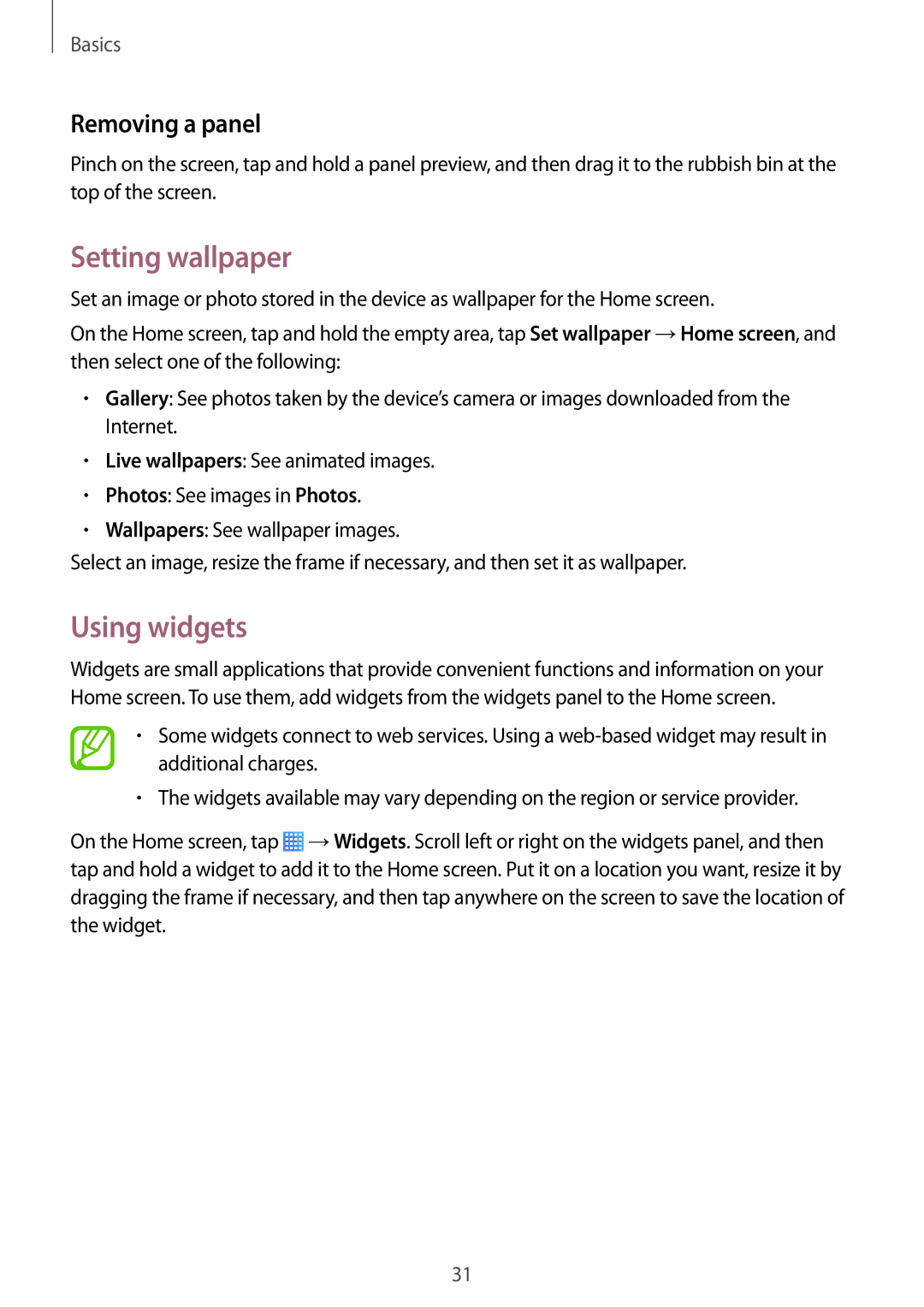 Samsung SM-T231NYKAXXV, SM-T231NZWAKSA manual Setting wallpaper, Using widgets, Removing a panel 