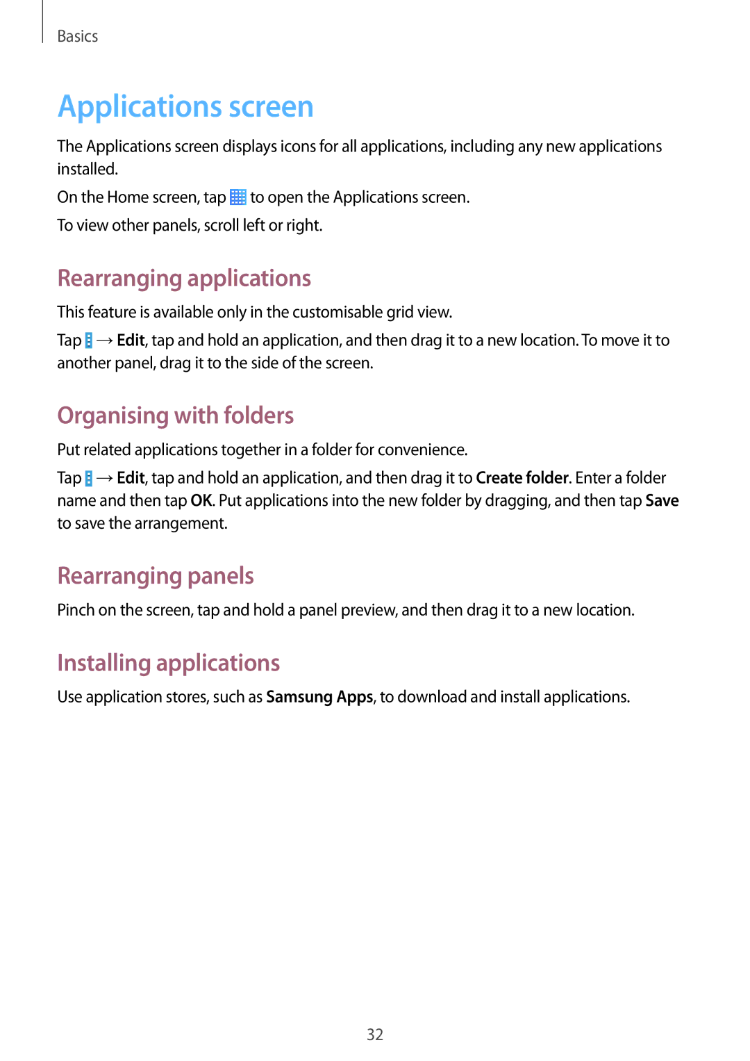 Samsung SM-T231NZWAKSA Applications screen, Rearranging applications, Organising with folders, Installing applications 