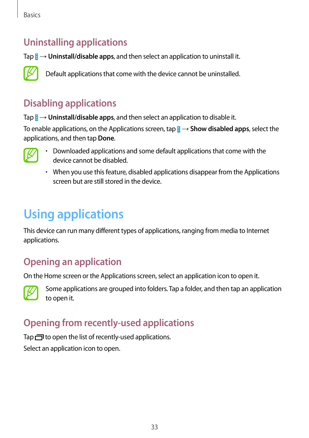 Samsung SM-T231NYKAXXV manual Using applications, Uninstalling applications, Disabling applications, Opening an application 