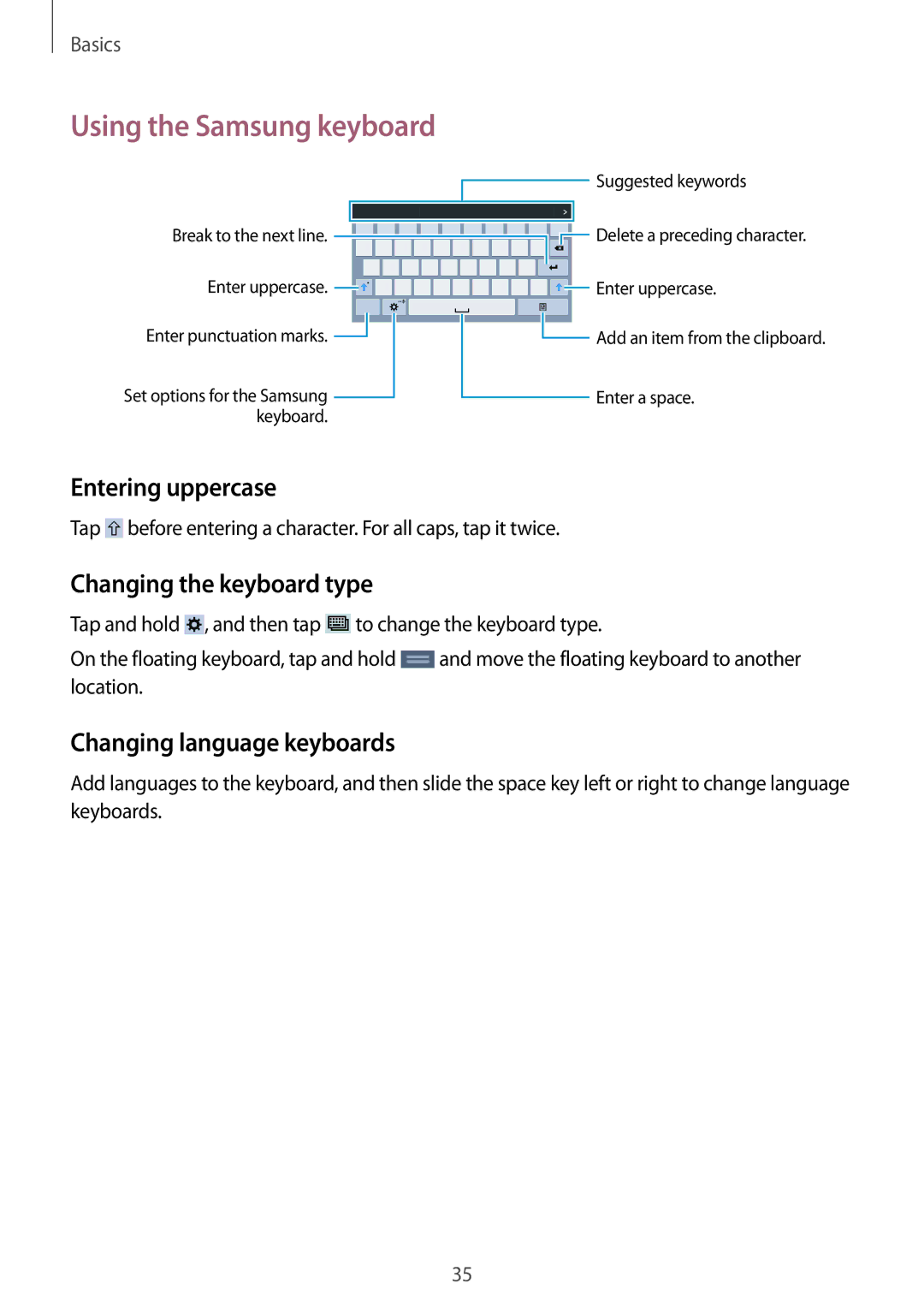 Samsung SM-T231NYKAXXV, SM-T231NZWAKSA manual Entering uppercase, Changing the keyboard type, Changing language keyboards 