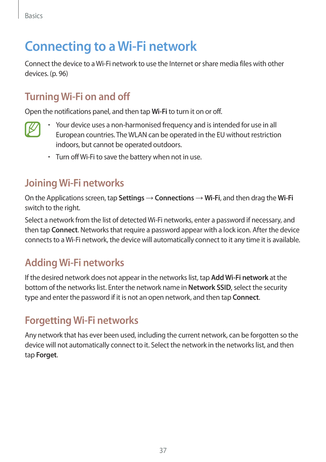 Samsung SM-T231NYKAXXV, SM-T231NZWAKSA Connecting to a Wi-Fi network, Turning Wi-Fi on and off, Joining Wi-Fi networks 