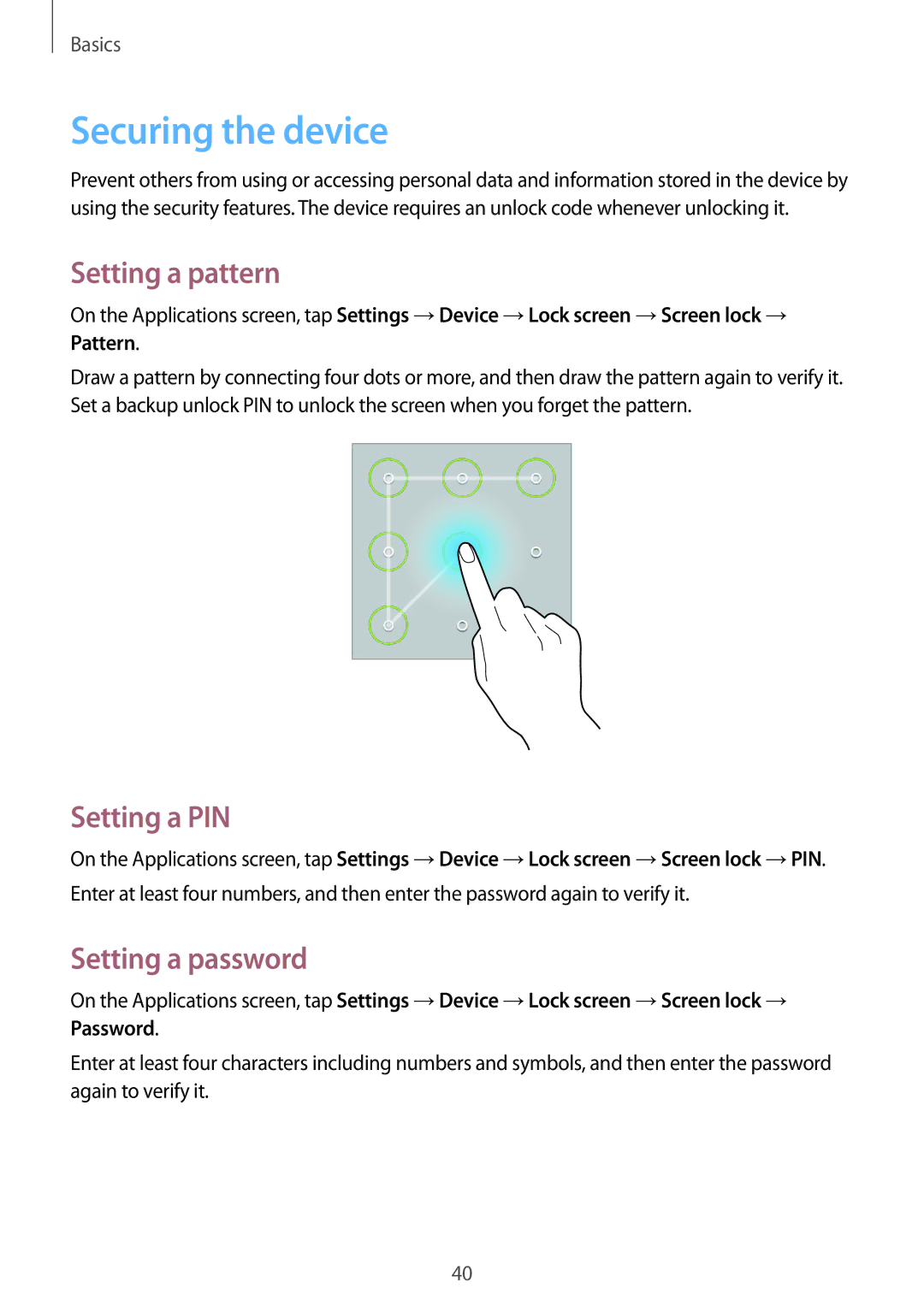 Samsung SM-T231NZWAKSA, SM-T231NYKAXXV manual Securing the device, Setting a pattern, Setting a PIN, Setting a password 