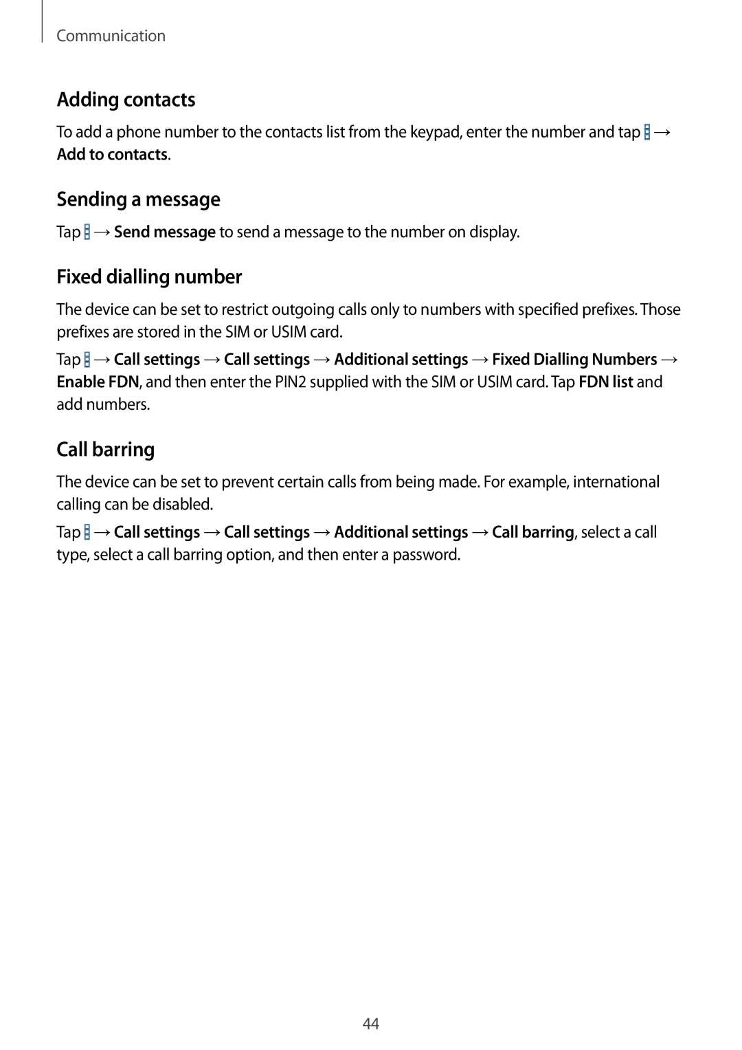 Samsung SM-T231NZWAKSA, SM-T231NYKAXXV manual Adding contacts, Sending a message, Fixed dialling number, Call barring 