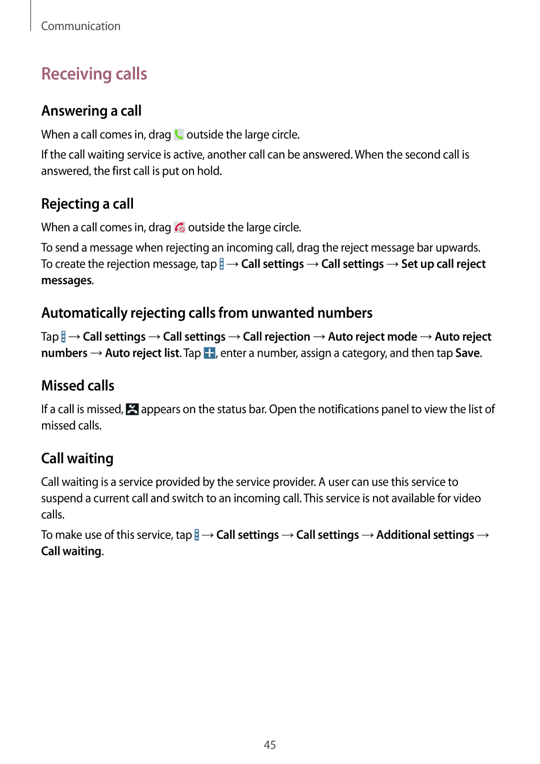 Samsung SM-T231NYKAXXV, SM-T231NZWAKSA manual Receiving calls 