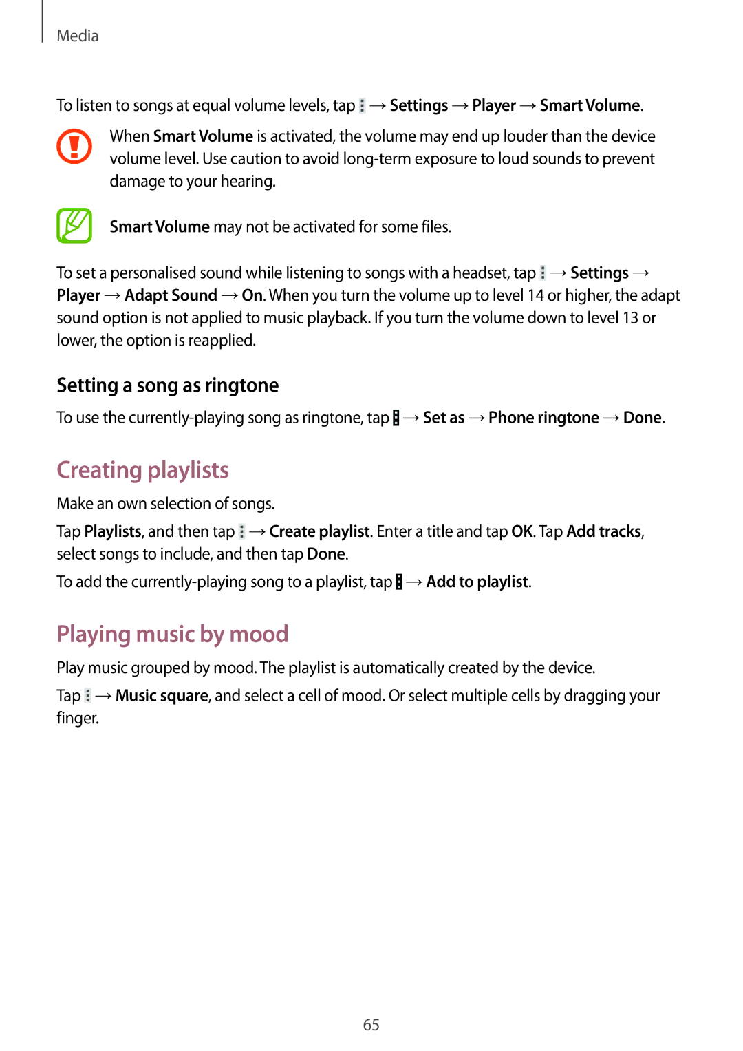 Samsung SM-T231NYKAXXV, SM-T231NZWAKSA manual Creating playlists, Playing music by mood, Setting a song as ringtone 