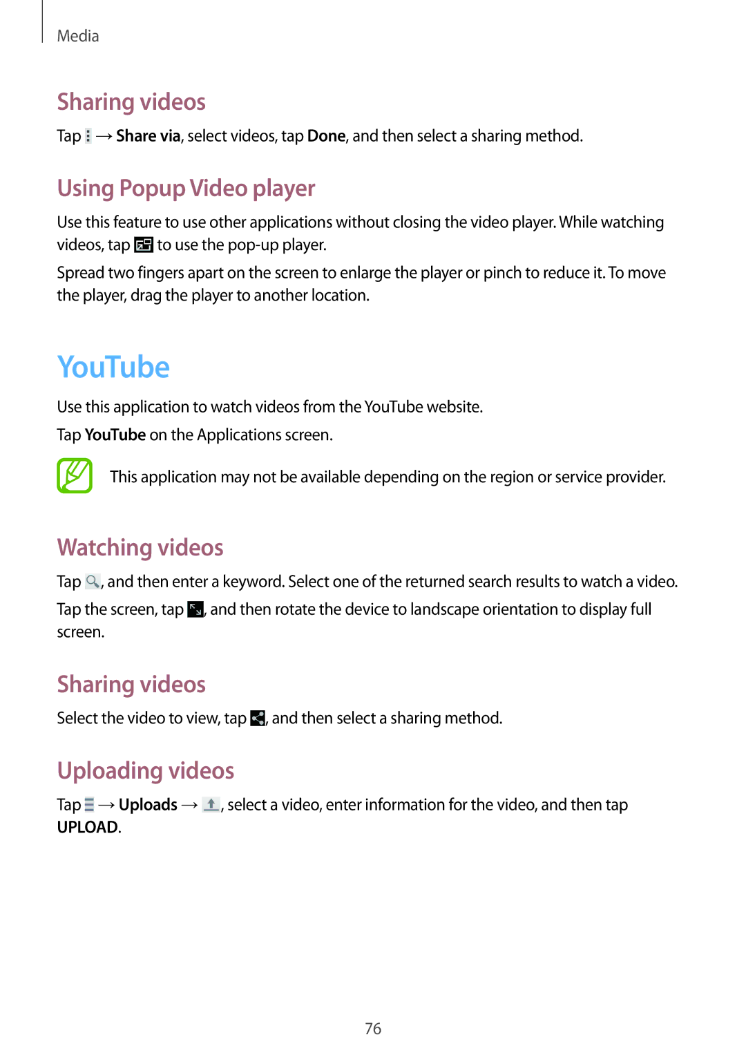Samsung SM-T231NZWAKSA manual YouTube, Sharing videos, Using Popup Video player, Watching videos, Uploading videos 