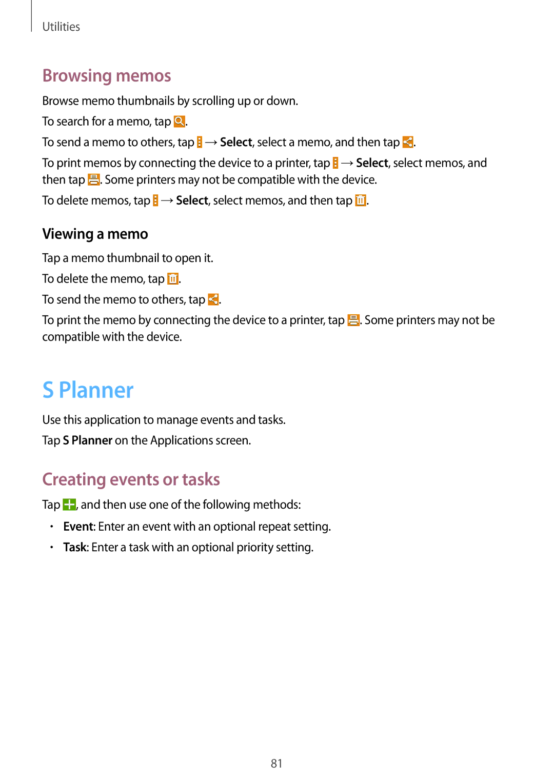 Samsung SM-T231NYKAXXV, SM-T231NZWAKSA manual Planner, Browsing memos, Creating events or tasks, Viewing a memo 