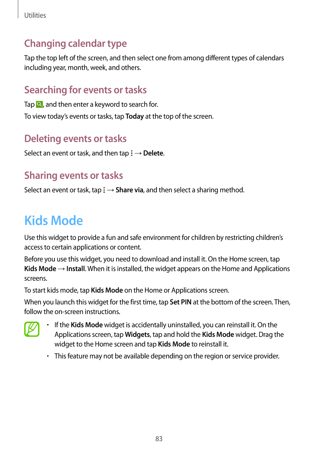 Samsung SM-T231NYKAXXV manual Kids Mode, Changing calendar type, Searching for events or tasks, Deleting events or tasks 