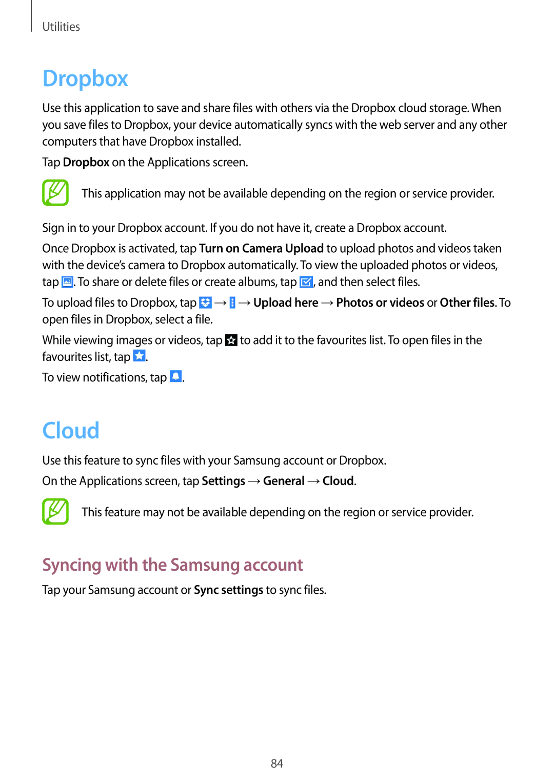 Samsung SM-T231NZWAKSA, SM-T231NYKAXXV manual Dropbox, Cloud, Syncing with the Samsung account 