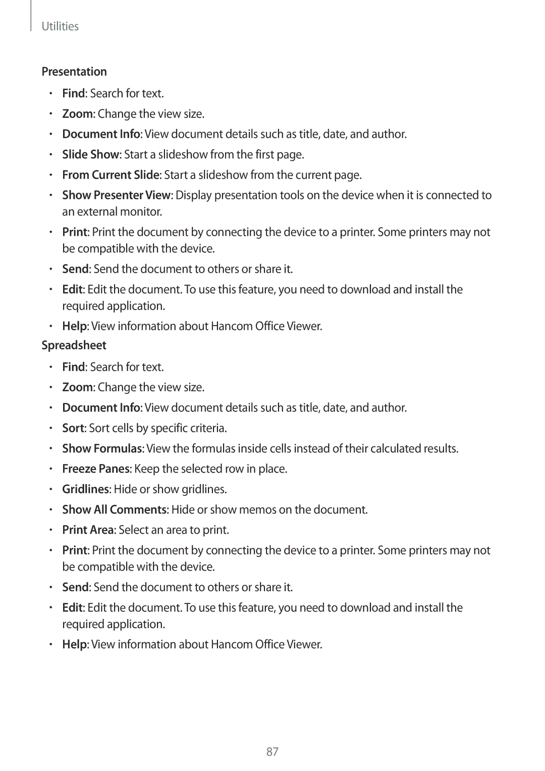 Samsung SM-T231NYKAXXV, SM-T231NZWAKSA manual Presentation, Spreadsheet 