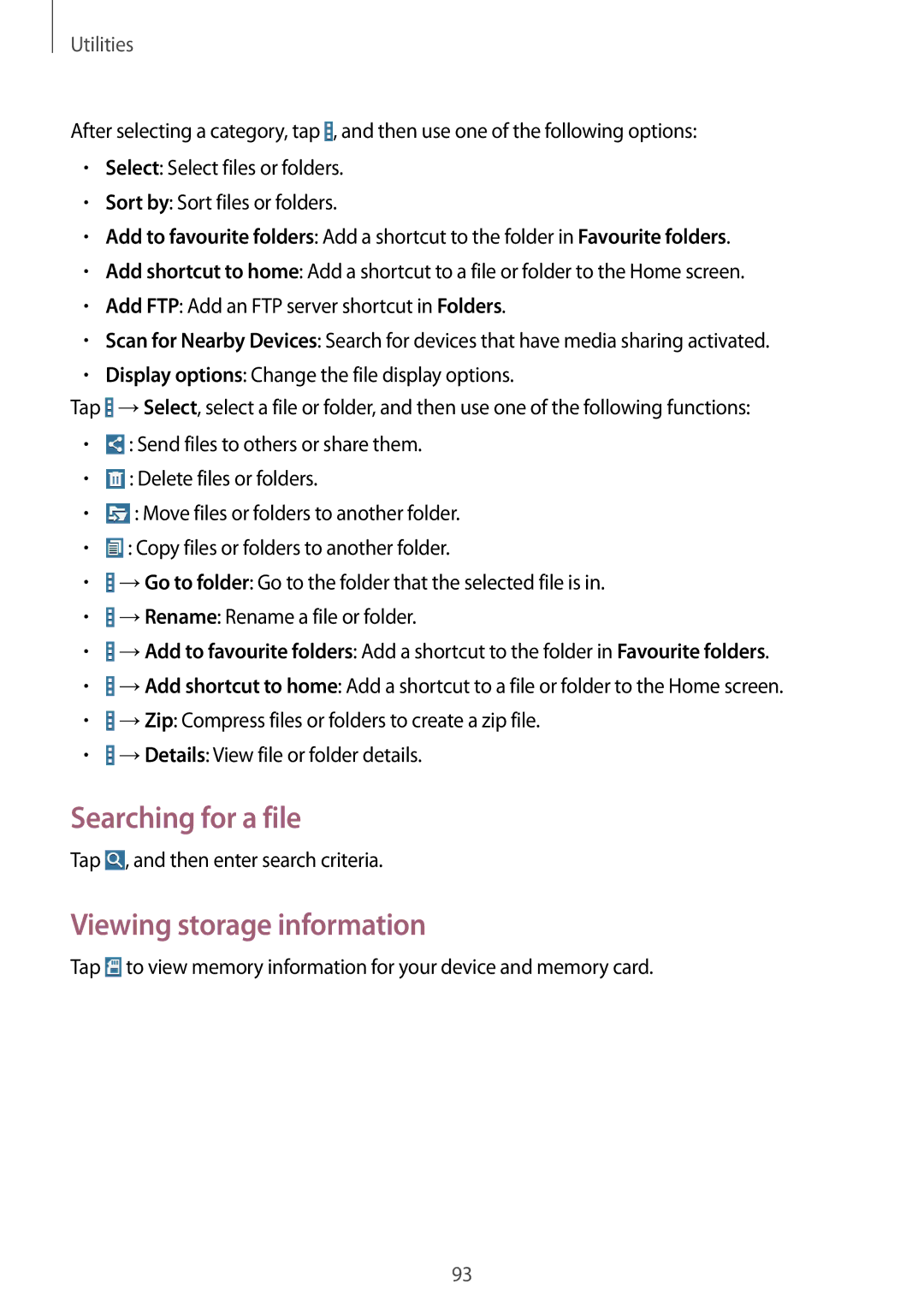 Samsung SM-T231NYKAXXV, SM-T231NZWAKSA manual Searching for a file, Viewing storage information 