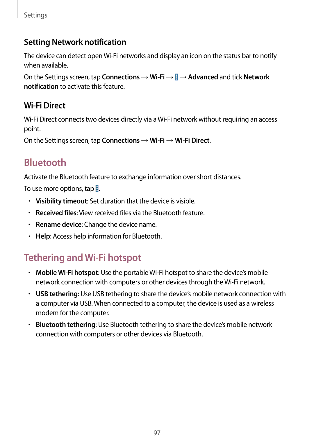 Samsung SM-T231NYKAXXV, SM-T231NZWAKSA Bluetooth, Tethering and Wi-Fi hotspot, Setting Network notification, Wi-Fi Direct 