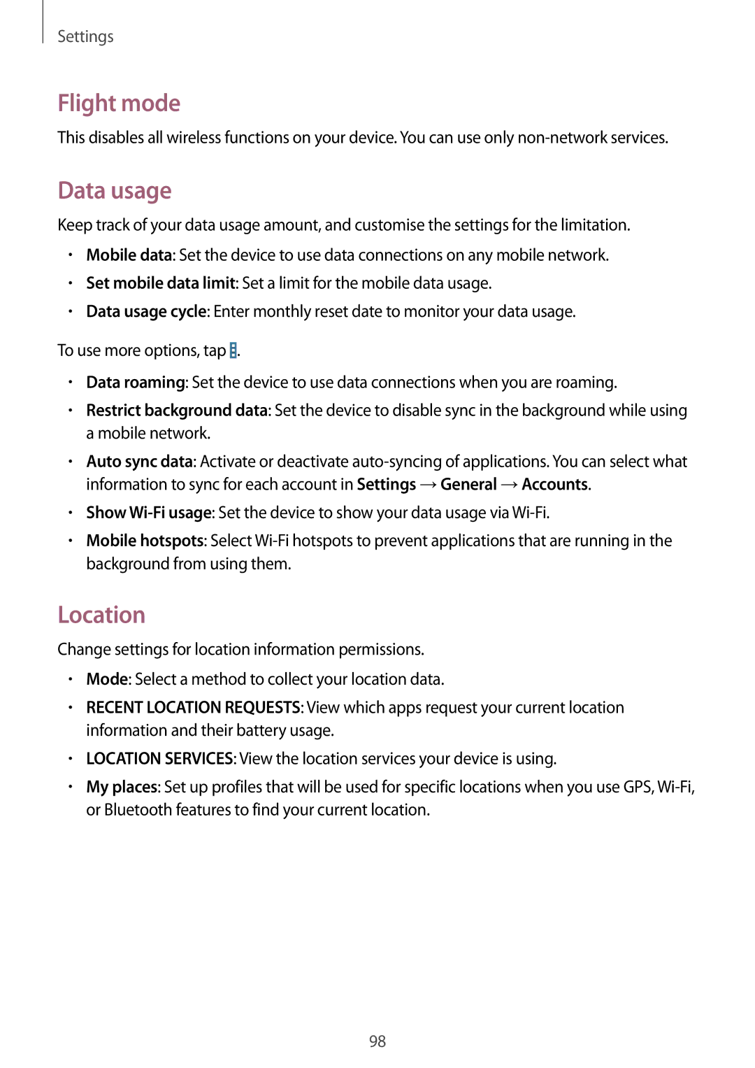 Samsung SM-T231NZWAKSA, SM-T231NYKAXXV manual Flight mode, Data usage, Location 