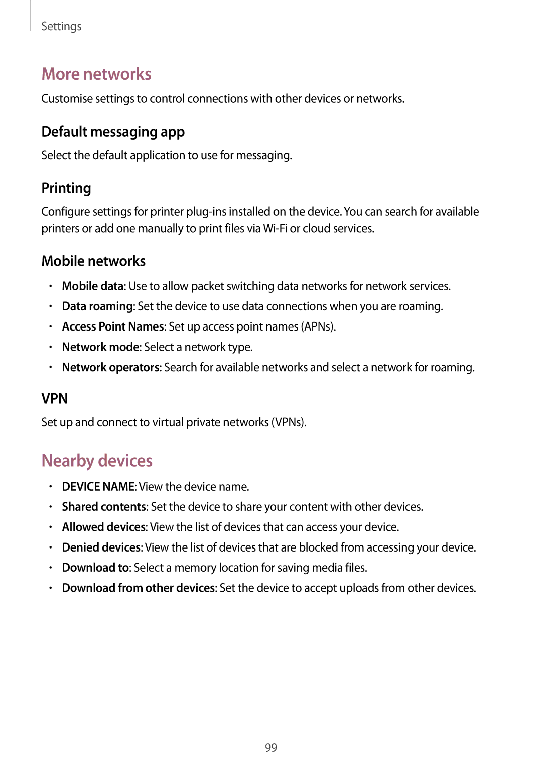 Samsung SM-T231NYKAXXV, SM-T231NZWAKSA More networks, Nearby devices, Default messaging app, Printing, Mobile networks 