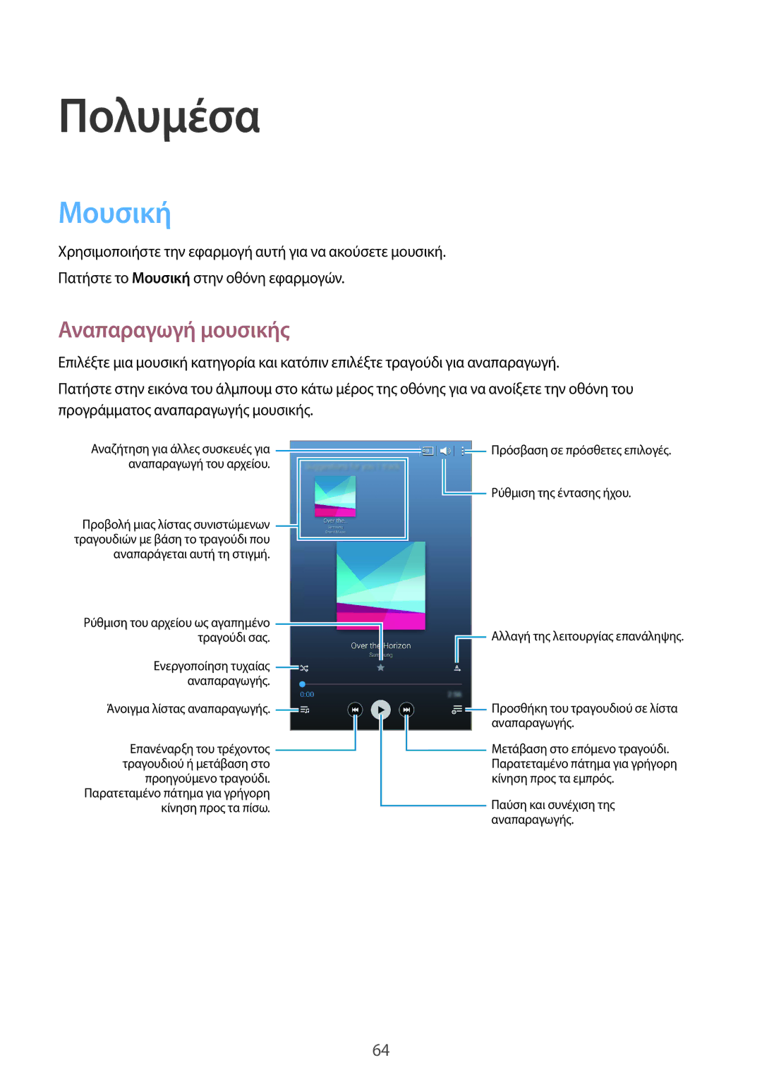 Samsung SM-T235NYKAEUR, SM-T235NZWAEUR manual Πολυμέσα, Μουσική, Αναπαραγωγή μουσικής 