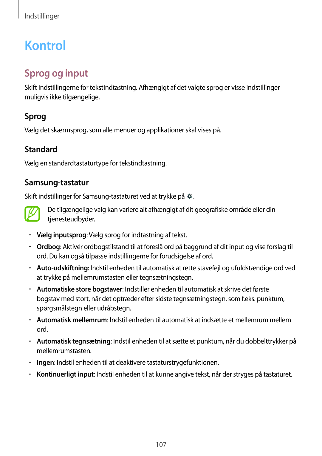 Samsung SM-T235NZWANEE, SM-T235NYKANEE manual Kontrol, Sprog og input, Standard, Samsung-tastatur 