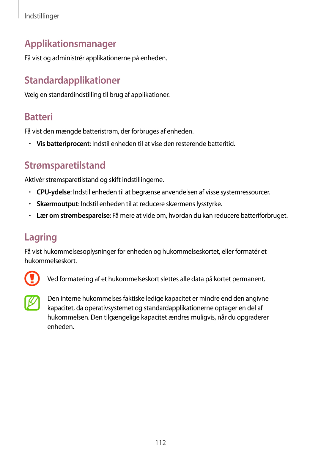 Samsung SM-T235NYKANEE, SM-T235NZWANEE Applikationsmanager, Standardapplikationer, Batteri, Strømsparetilstand, Lagring 