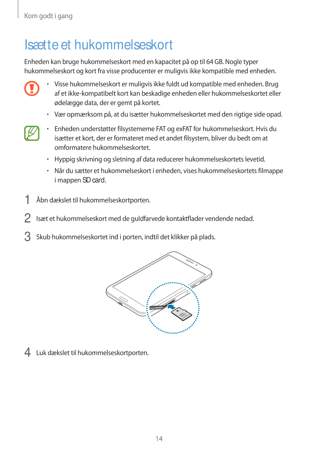 Samsung SM-T235NYKANEE, SM-T235NZWANEE manual Isætte et hukommelseskort 